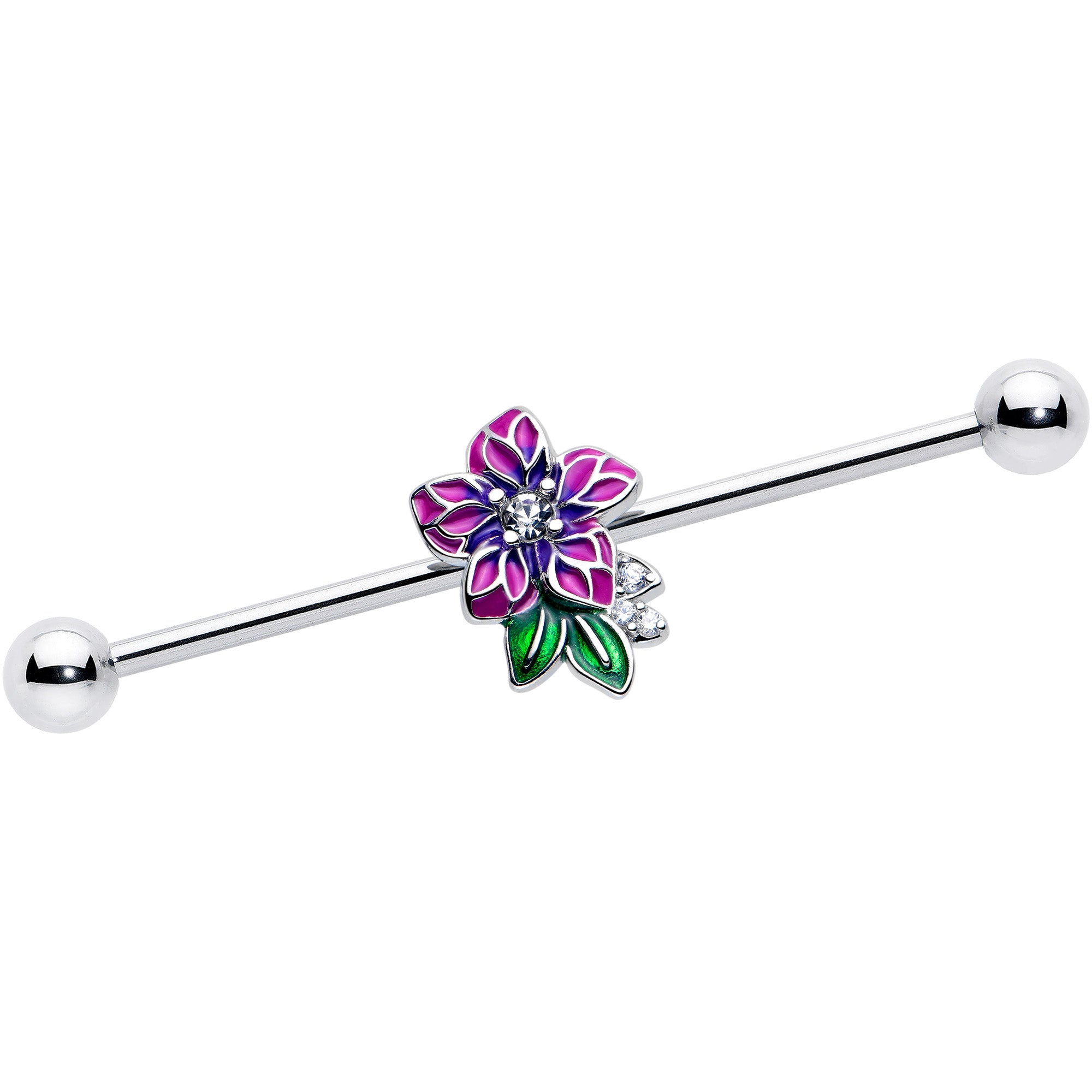 14 Gauge Clear CZ Gem Flower Purple Industrial Barbell