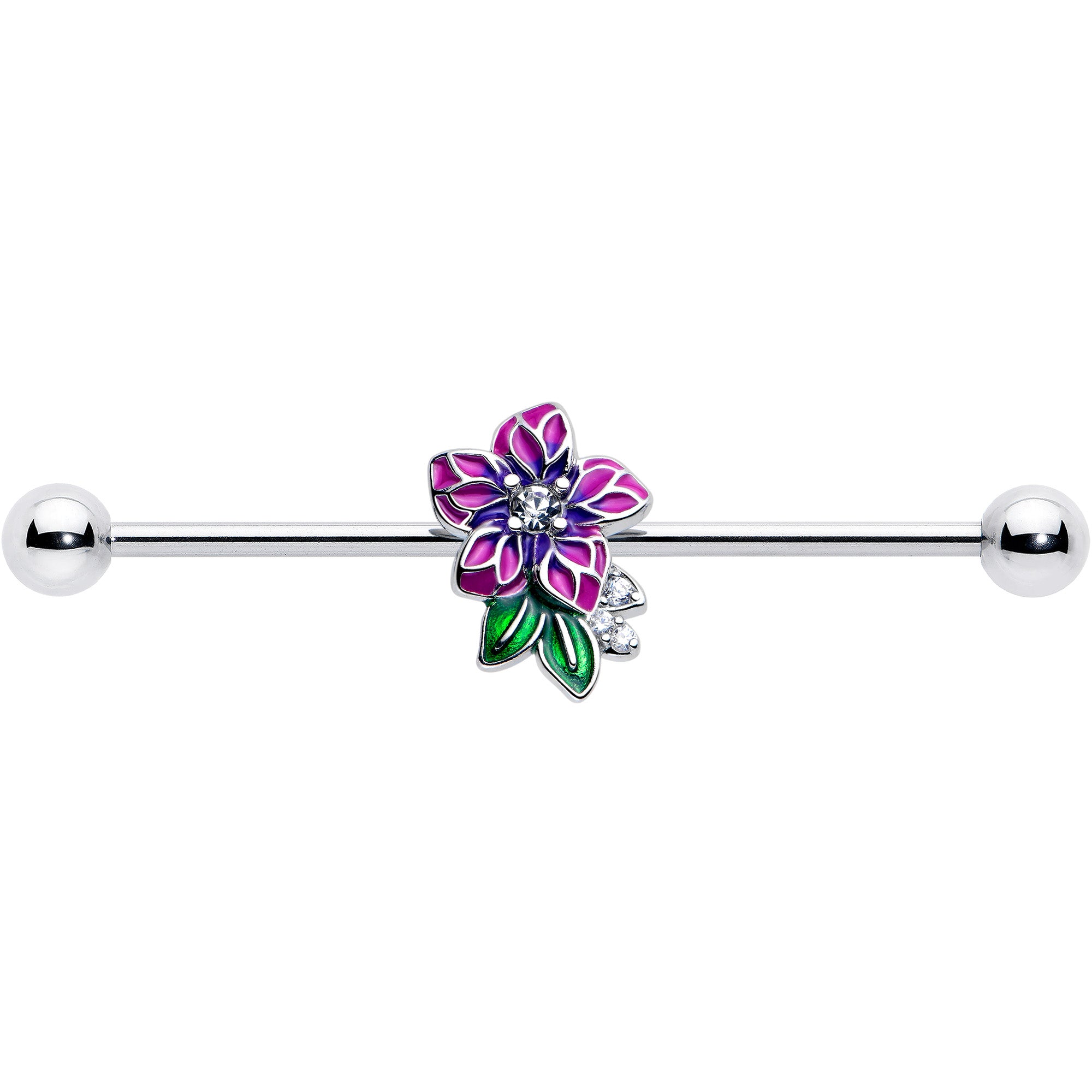 Purple Flower CZ Gem 14 Gauge Industrial Barbell