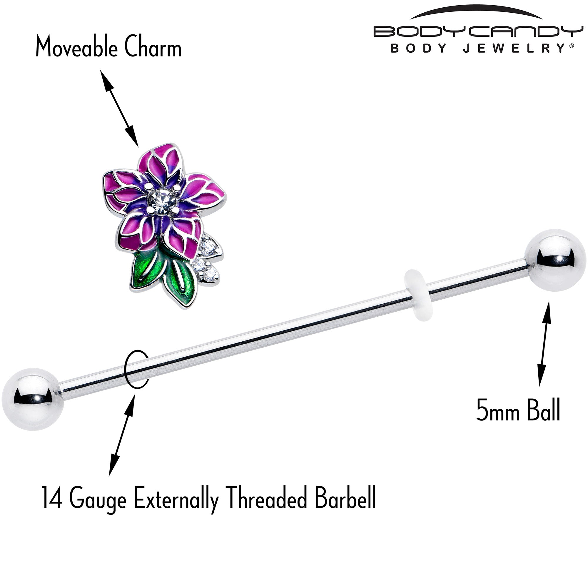 14 Gauge Industrial Barbell with Clear CZ Gem Flower