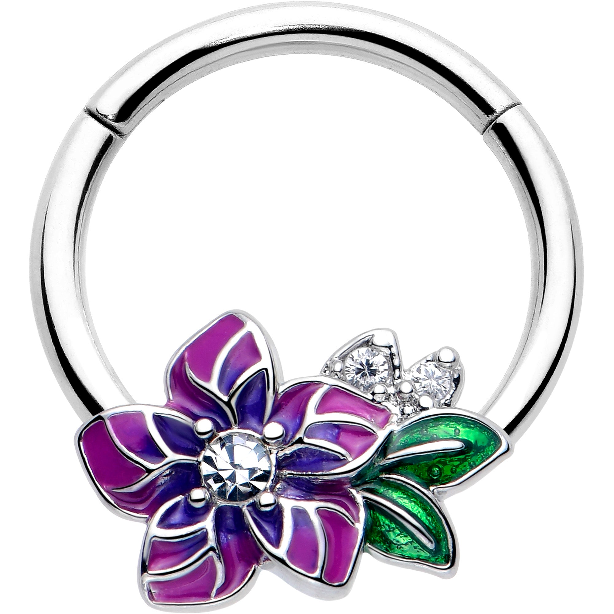 16 Gauge Clear CZ Gem Flower Hinged Segment Ring