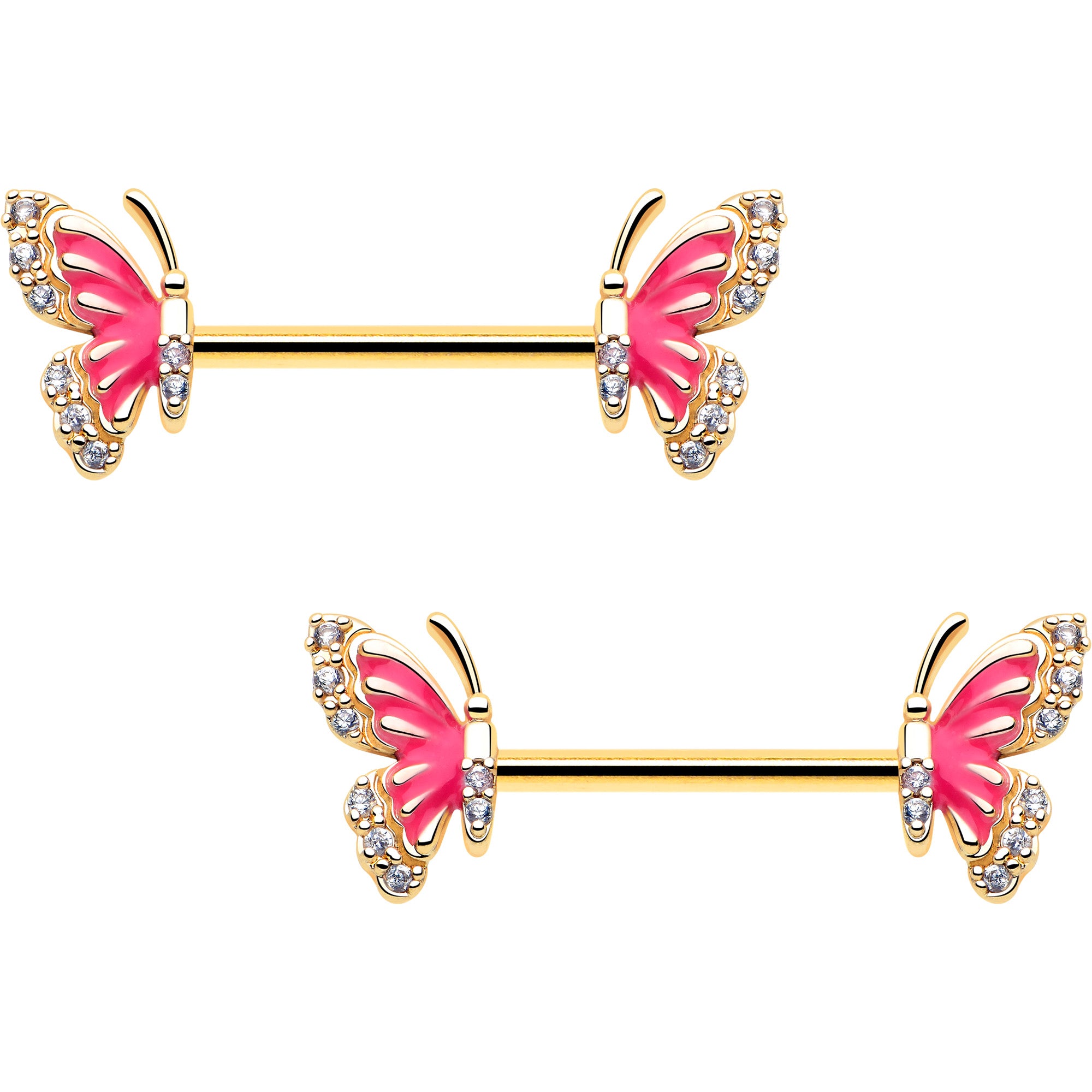 14G clear cz gold tone butterfly pink splash nipple ring