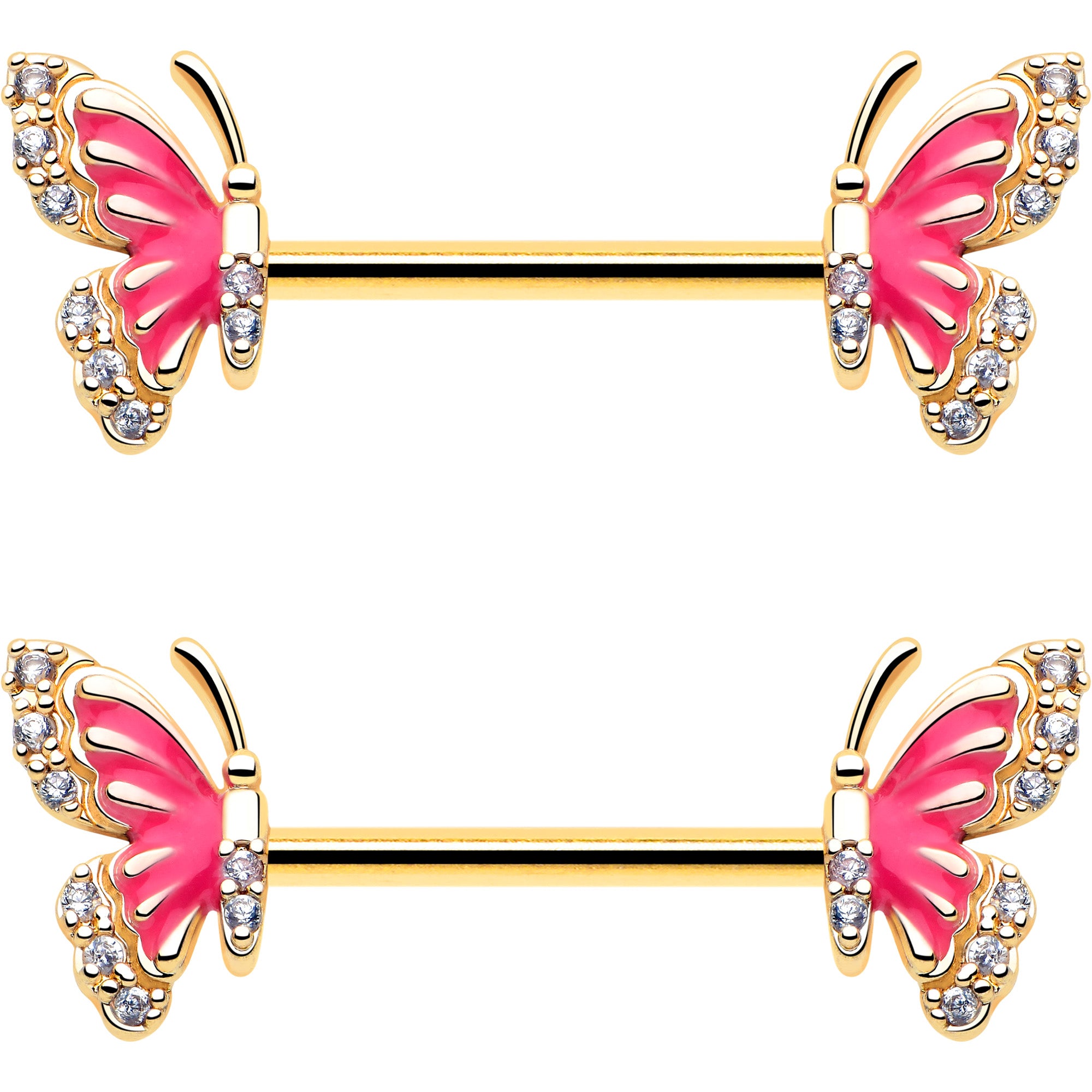 gold tone butterfly nipple ring set with clear cz