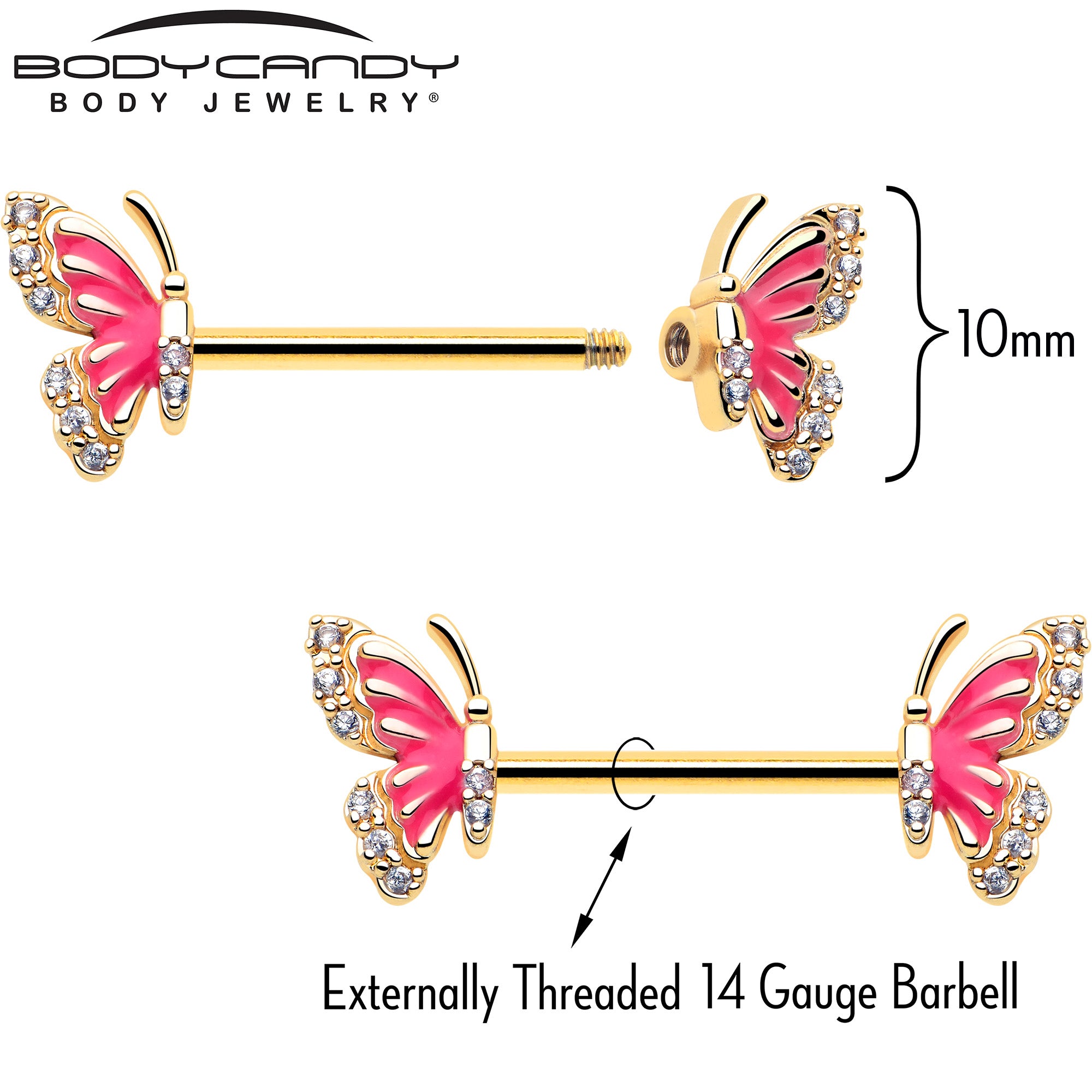 pink splash butterfly barbell nipple piercing