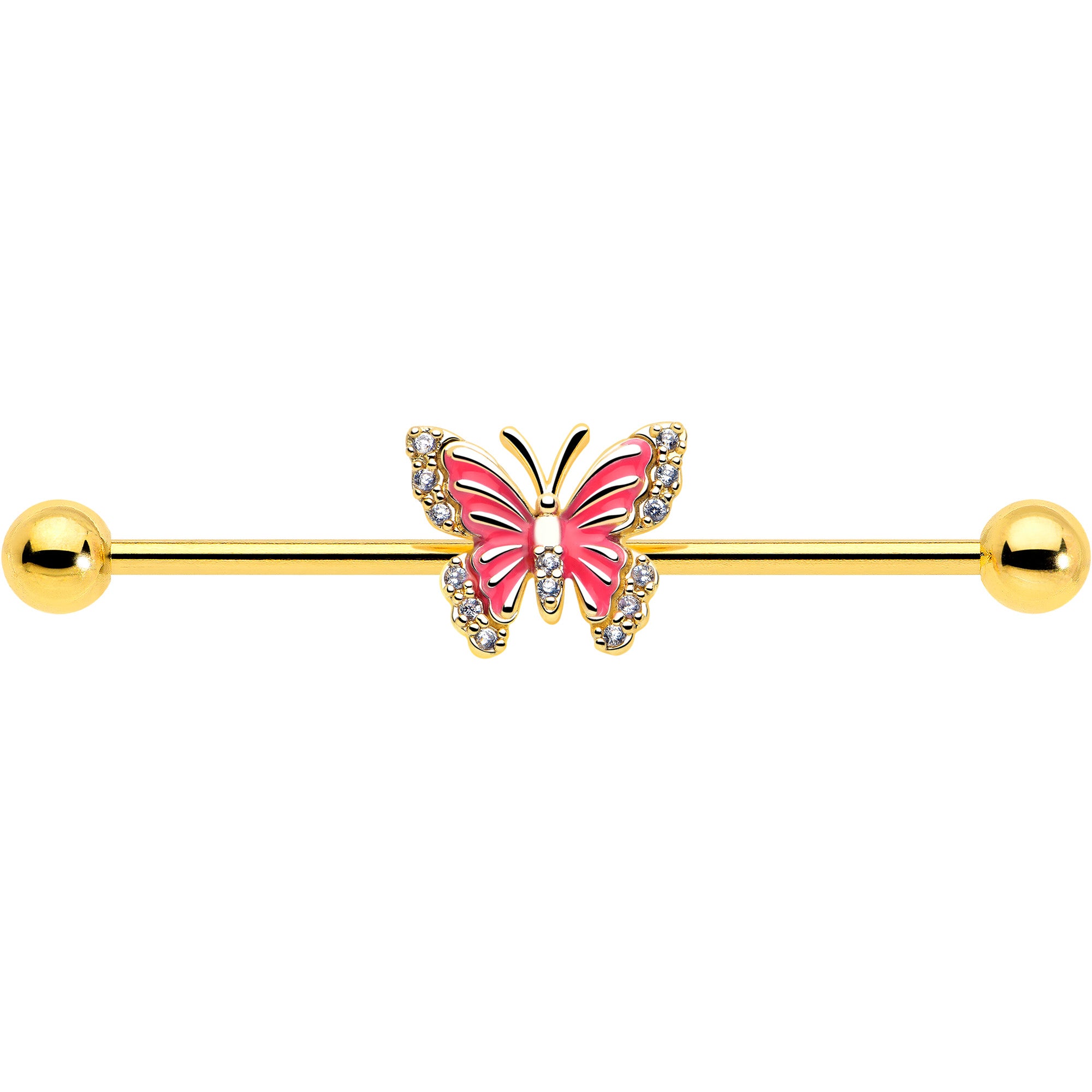 pink splash butterfly industrial piercing barbell 38mm