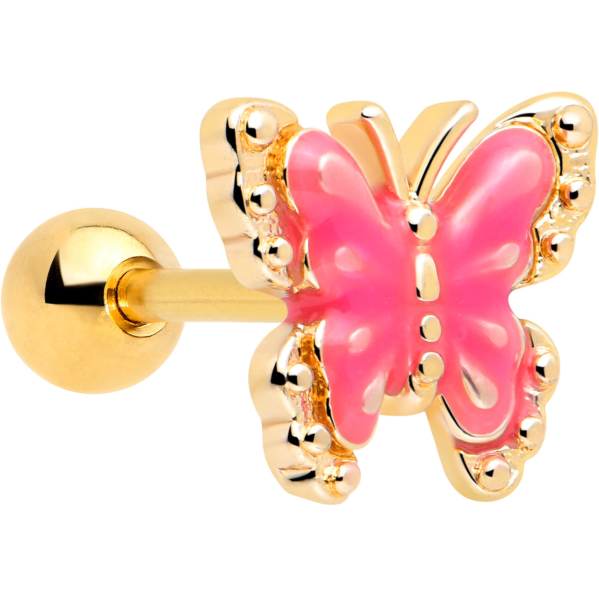 gold tone butterfly pink splash cartilage earring