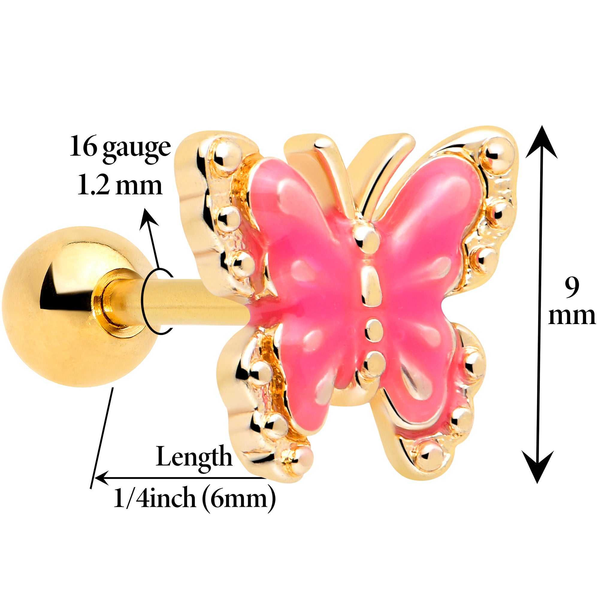 16g butterfly tragus earring pink splash design