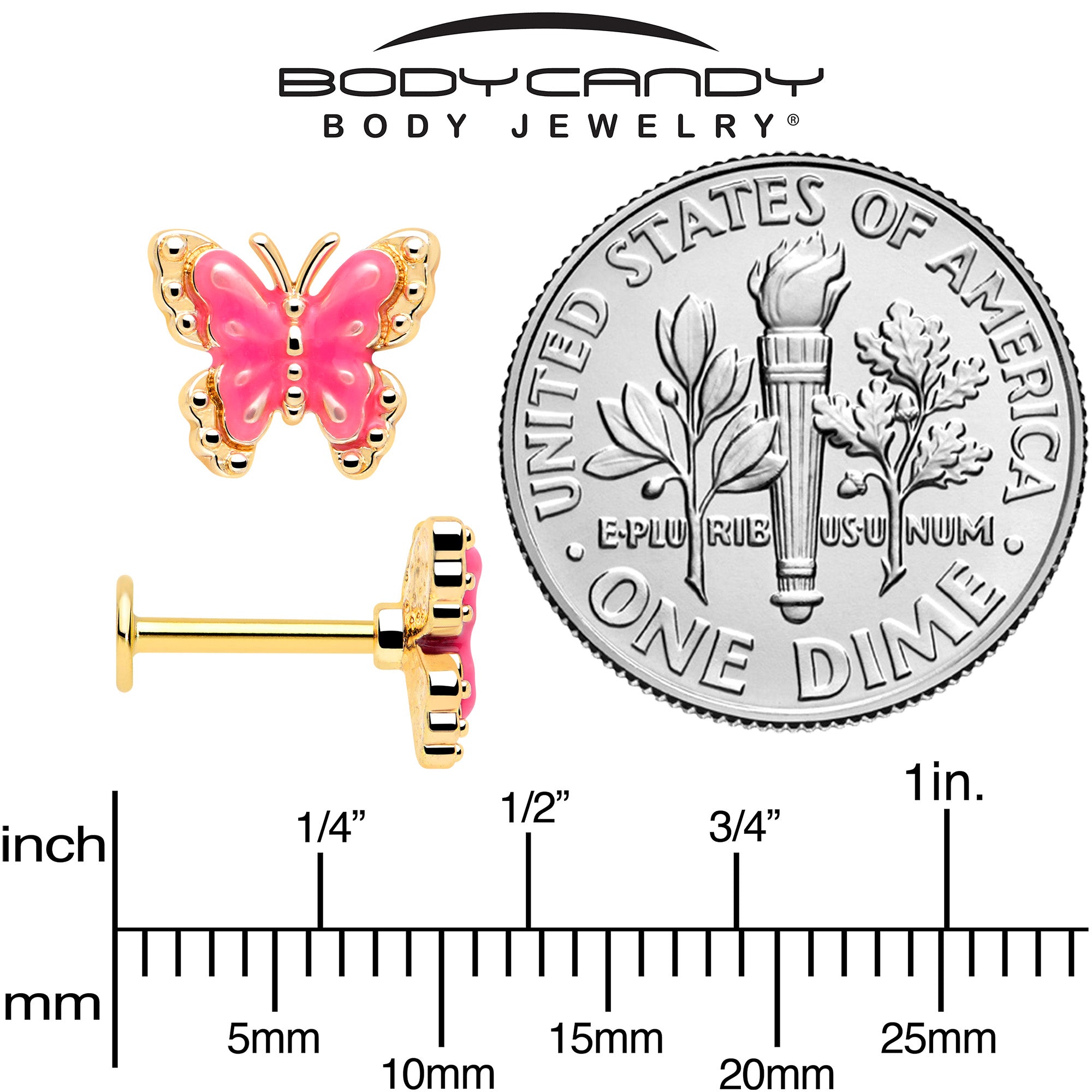 gold tone butterfly labret piercing 5/16 inch