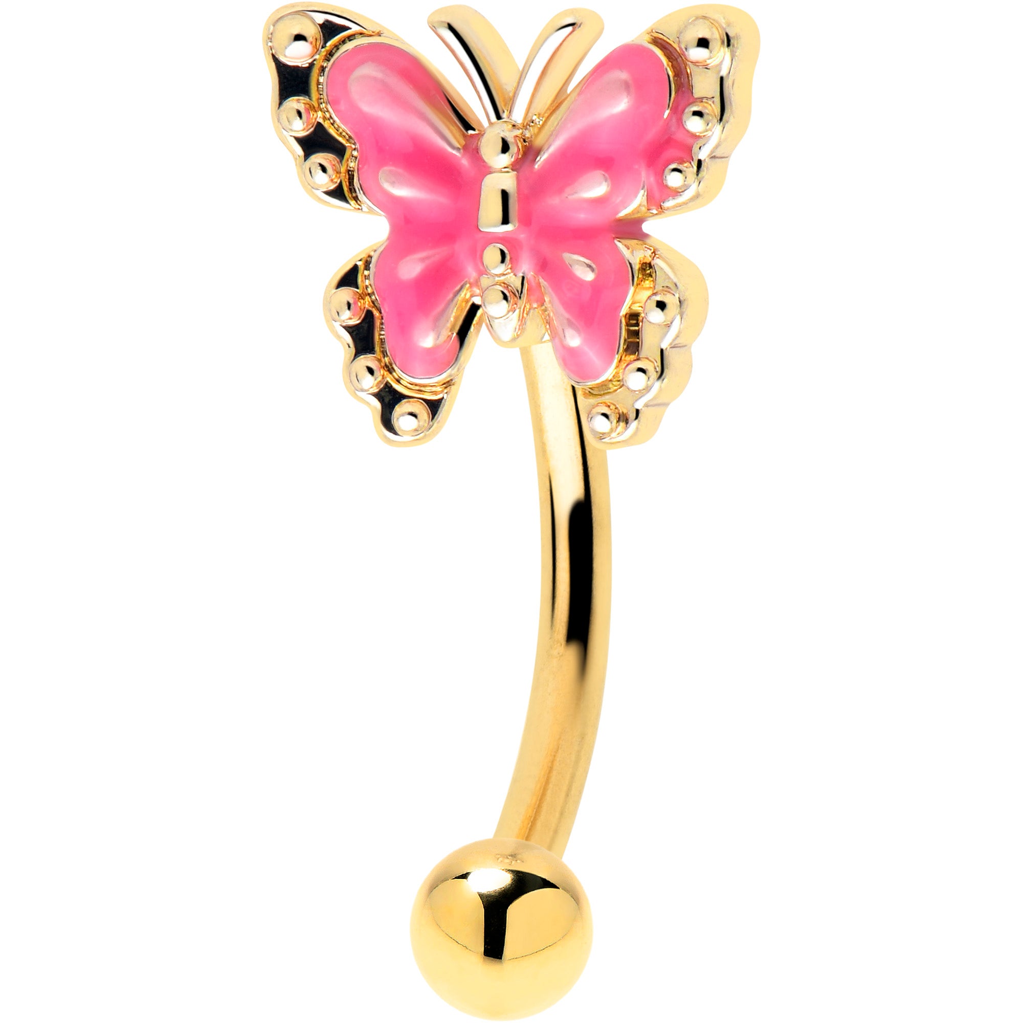 16 Gauge 5/16 Gold Tone Butterfly Pink Splash Curved Eyebrow Ring