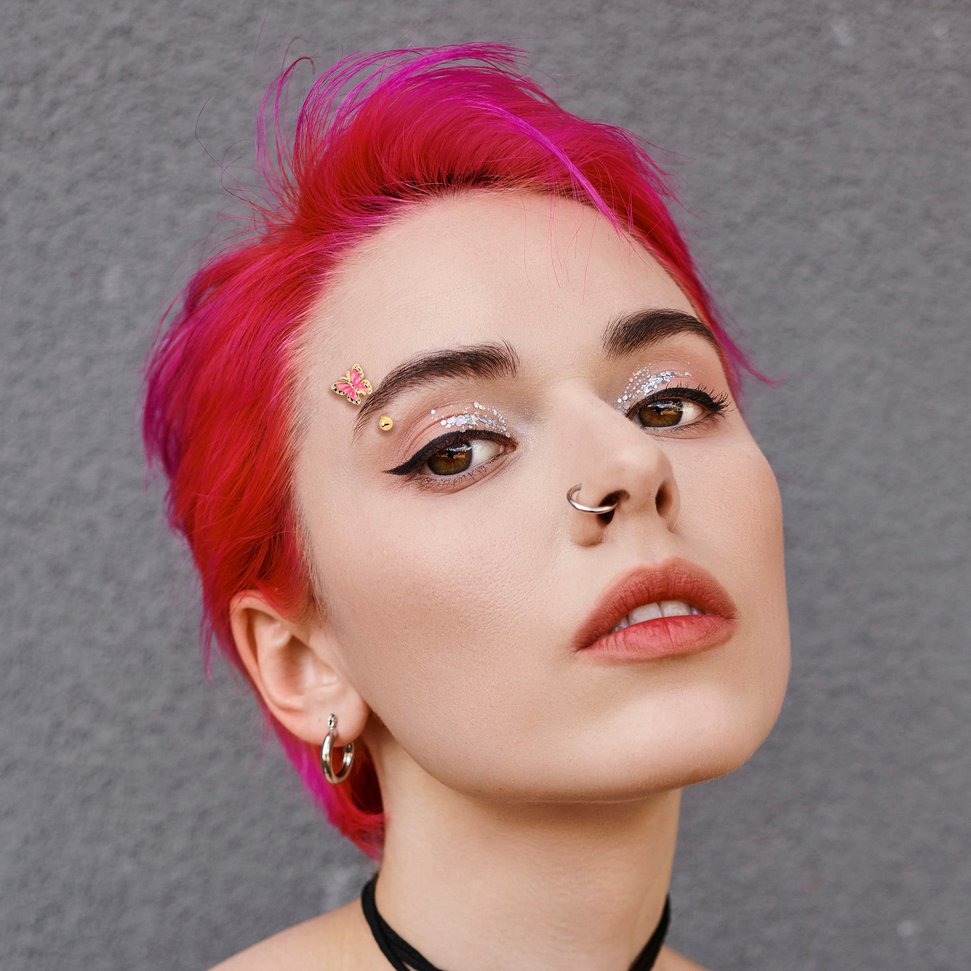 16 Gauge 5/16 Pink Splash Butterfly Curved Eyebrow Ring Gold Tone