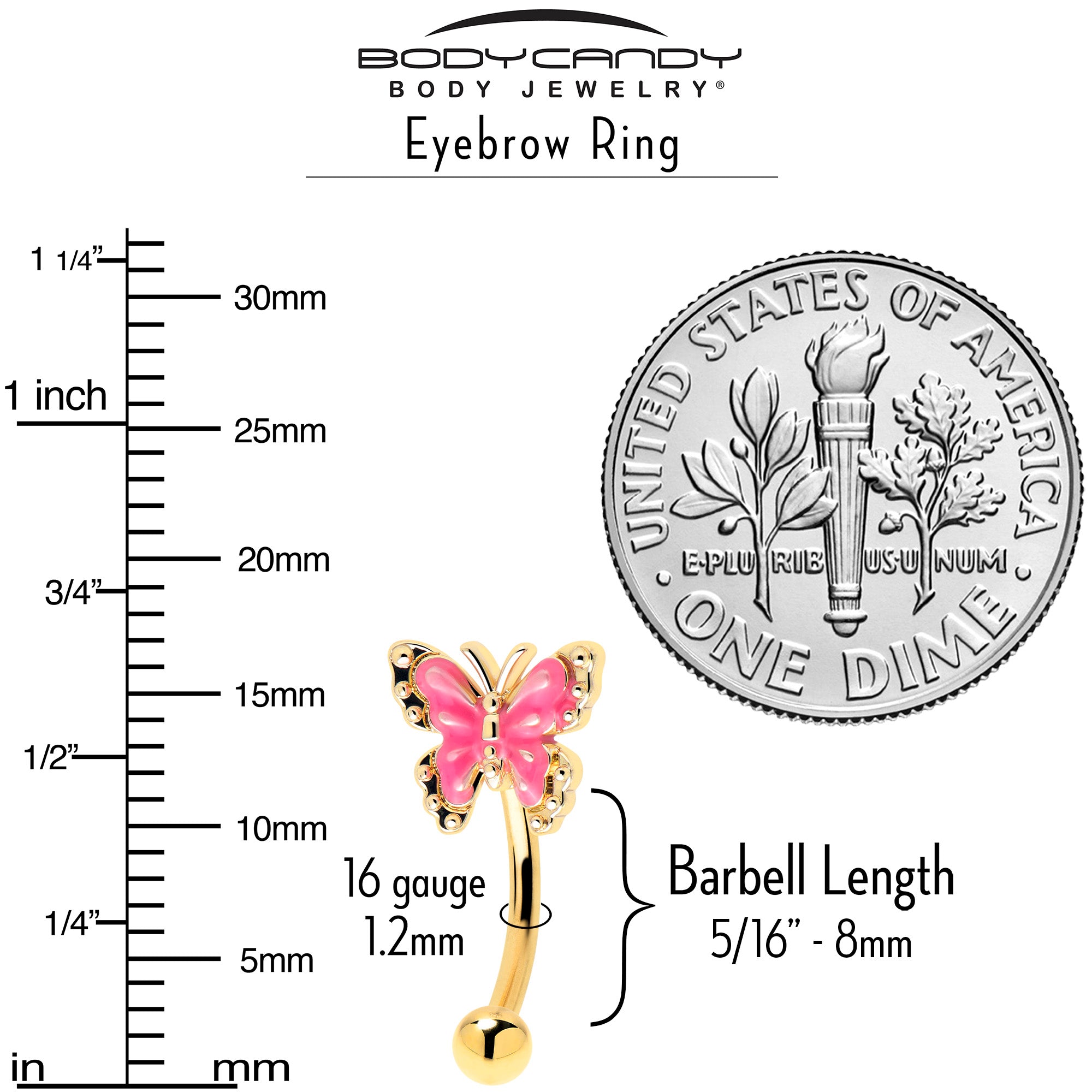Gold Tone Butterfly Curved Eyebrow Ring 16 Gauge Pink Splash
