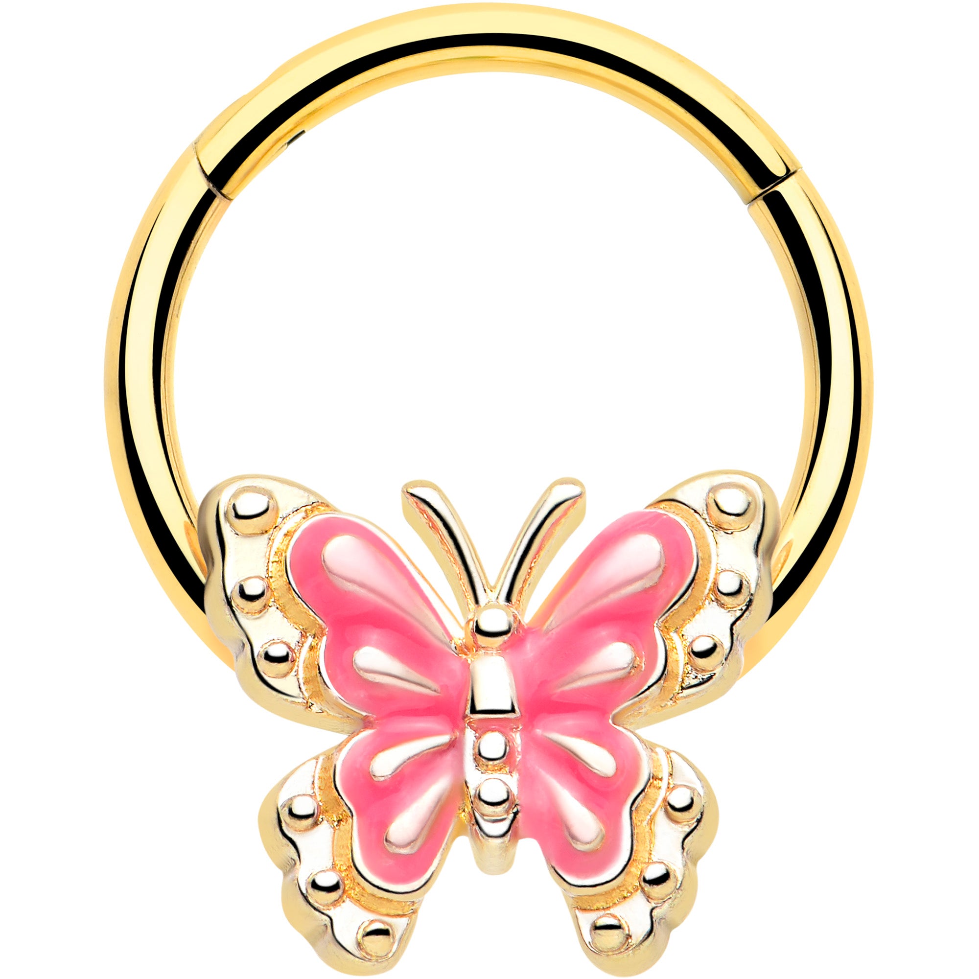 Gold tone butterfly pink splash hinged segment ring 16G 3/8