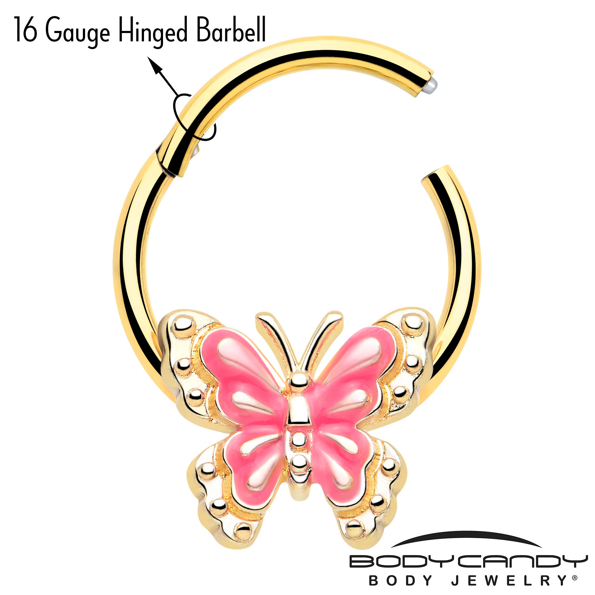 16 gauge gold tone hinged ring with butterfly design