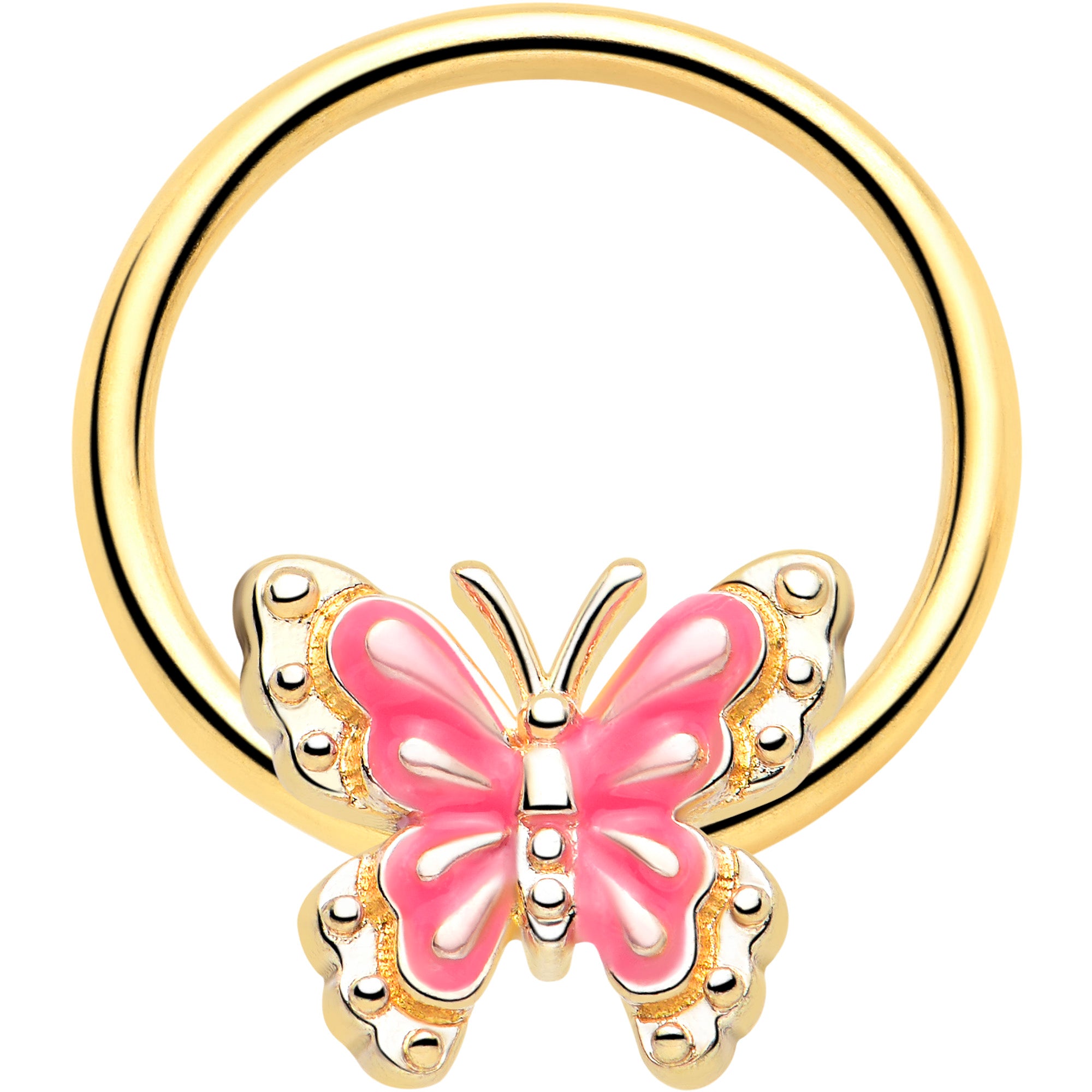 16 Gauge 3/8 Gold Tone Butterfly Pink Splash BCR Captive Charm Ring