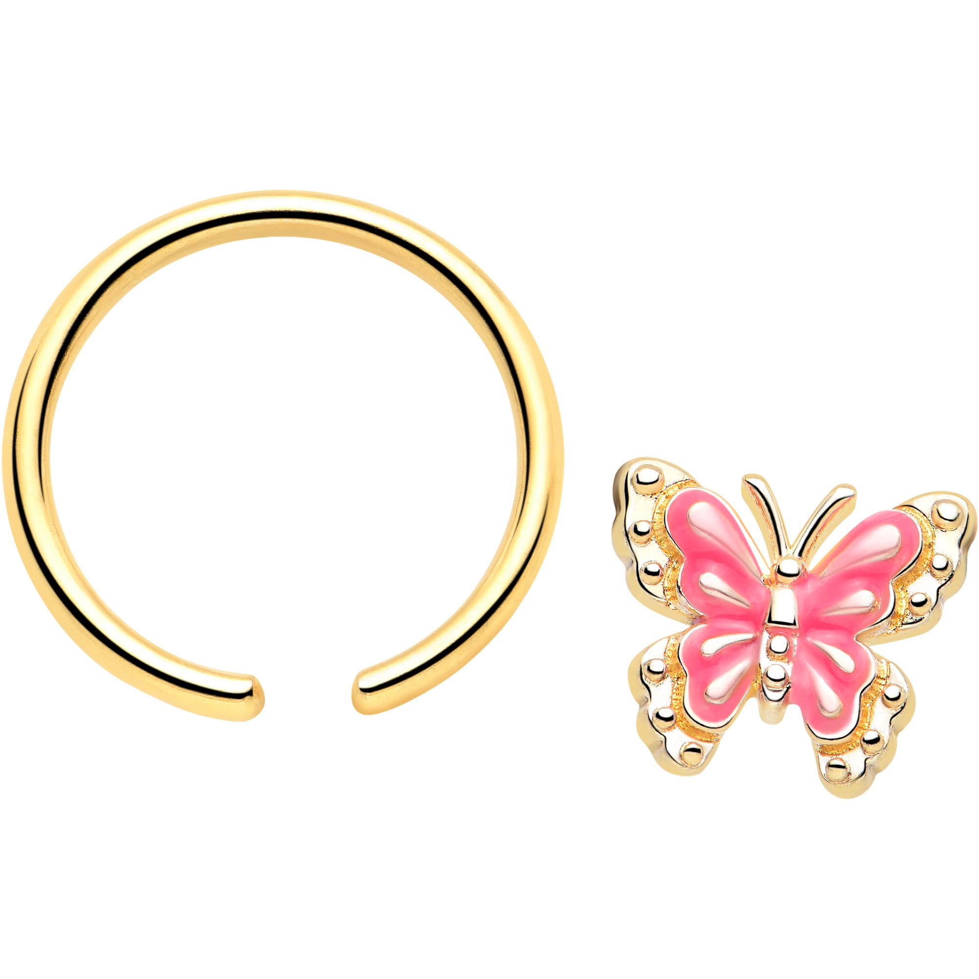 16 Gauge 3/8 Gold Tone Butterfly Charm Ring with Pink Splash