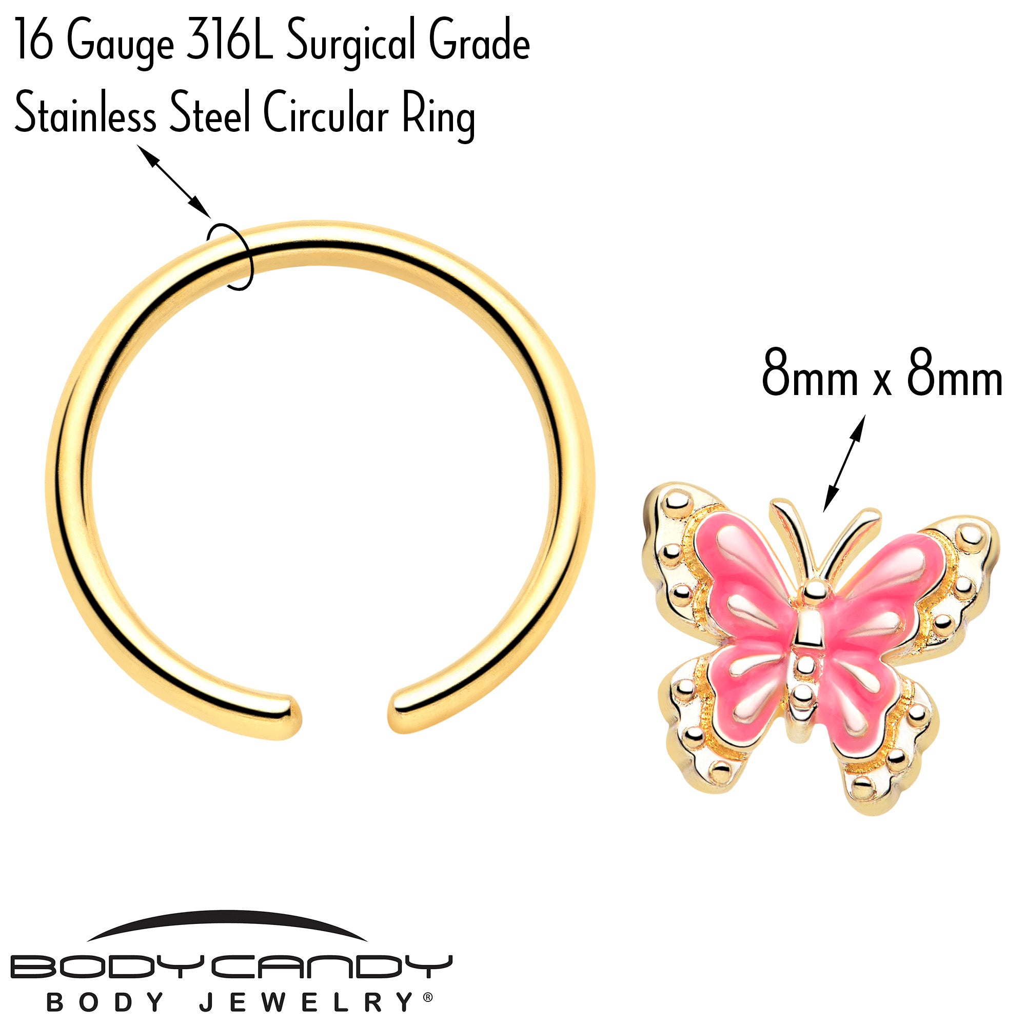 Gold Tone Butterfly Pink Splash 16 Gauge BCR Captive Ring