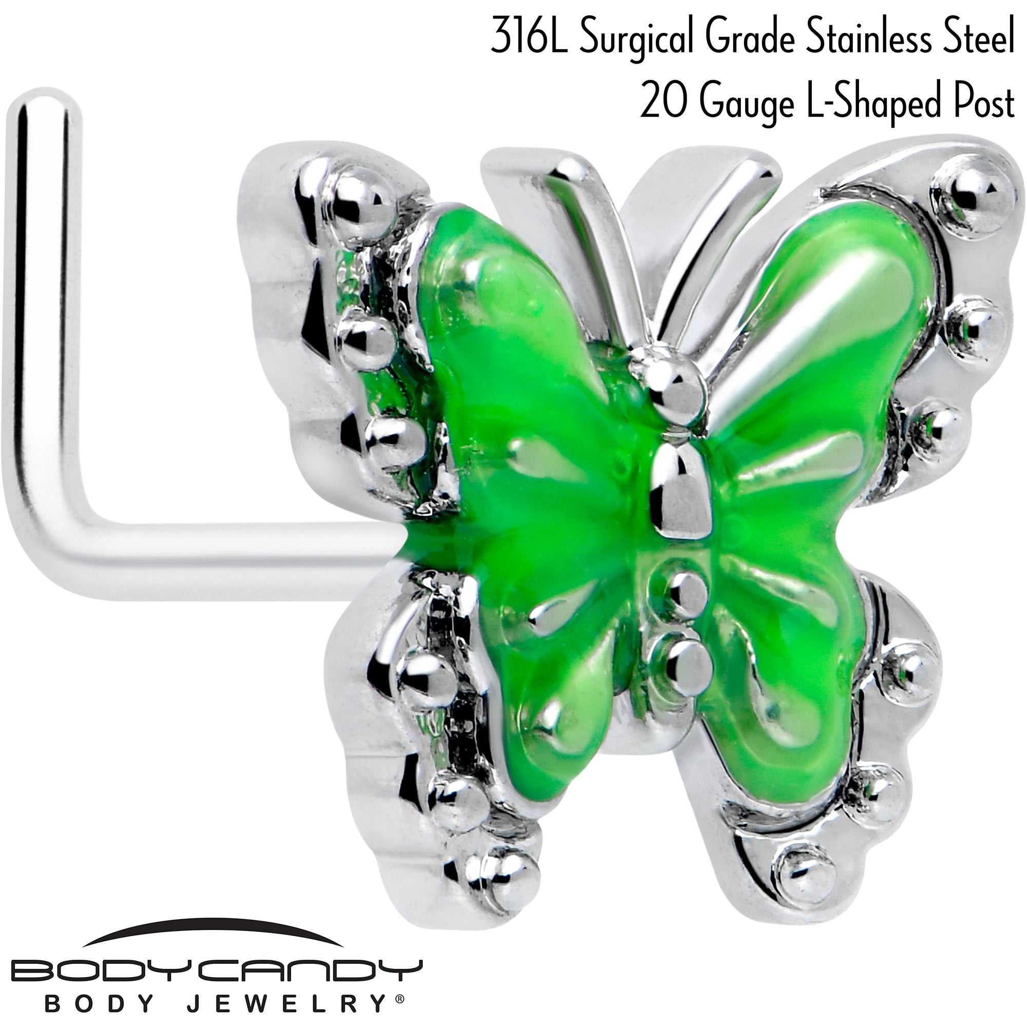 20 Gauge Butterfly Green Splash L Shape Nose Ring 7mm
