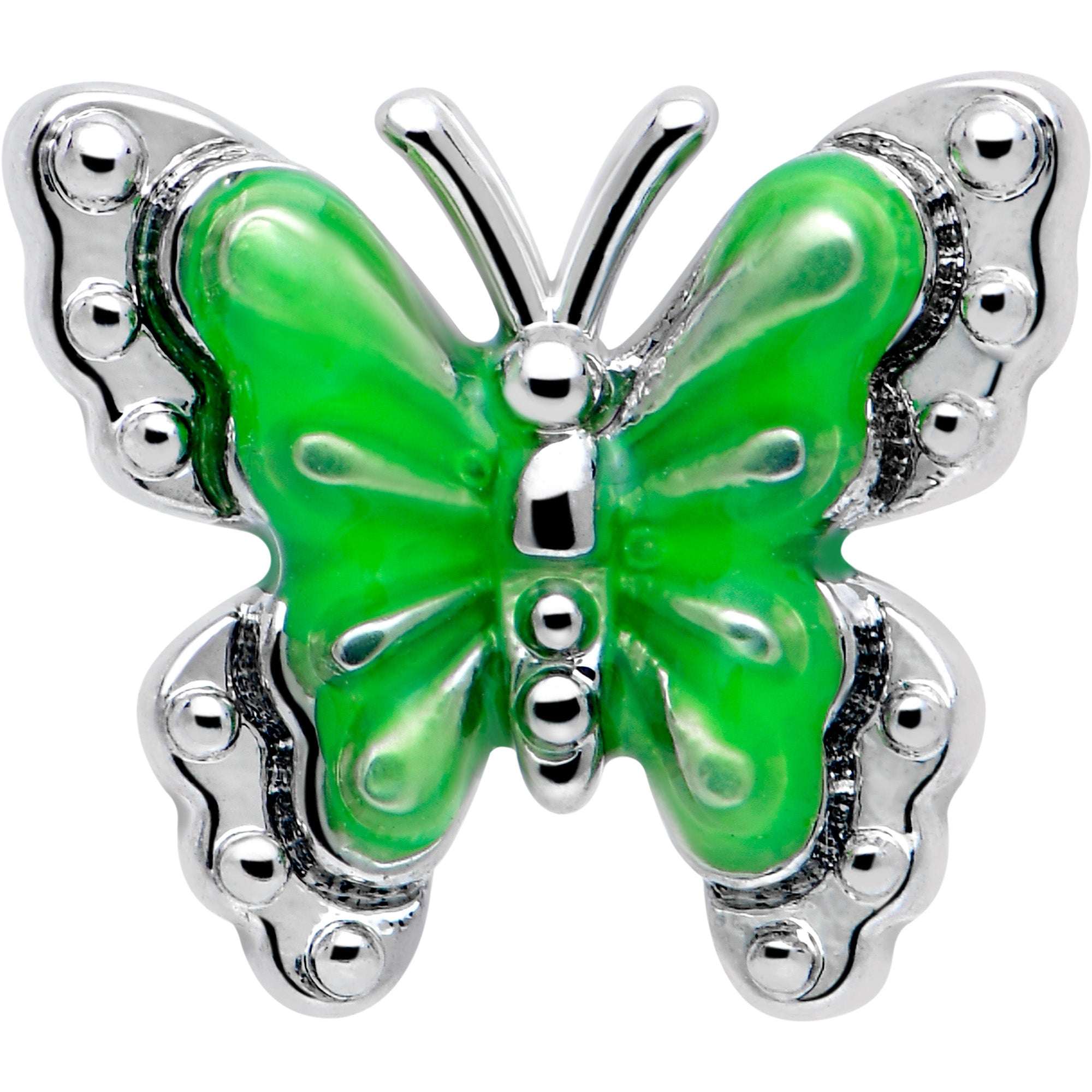 7mm Butterfly Green Splash L Shape Nose Ring 20 Gauge
