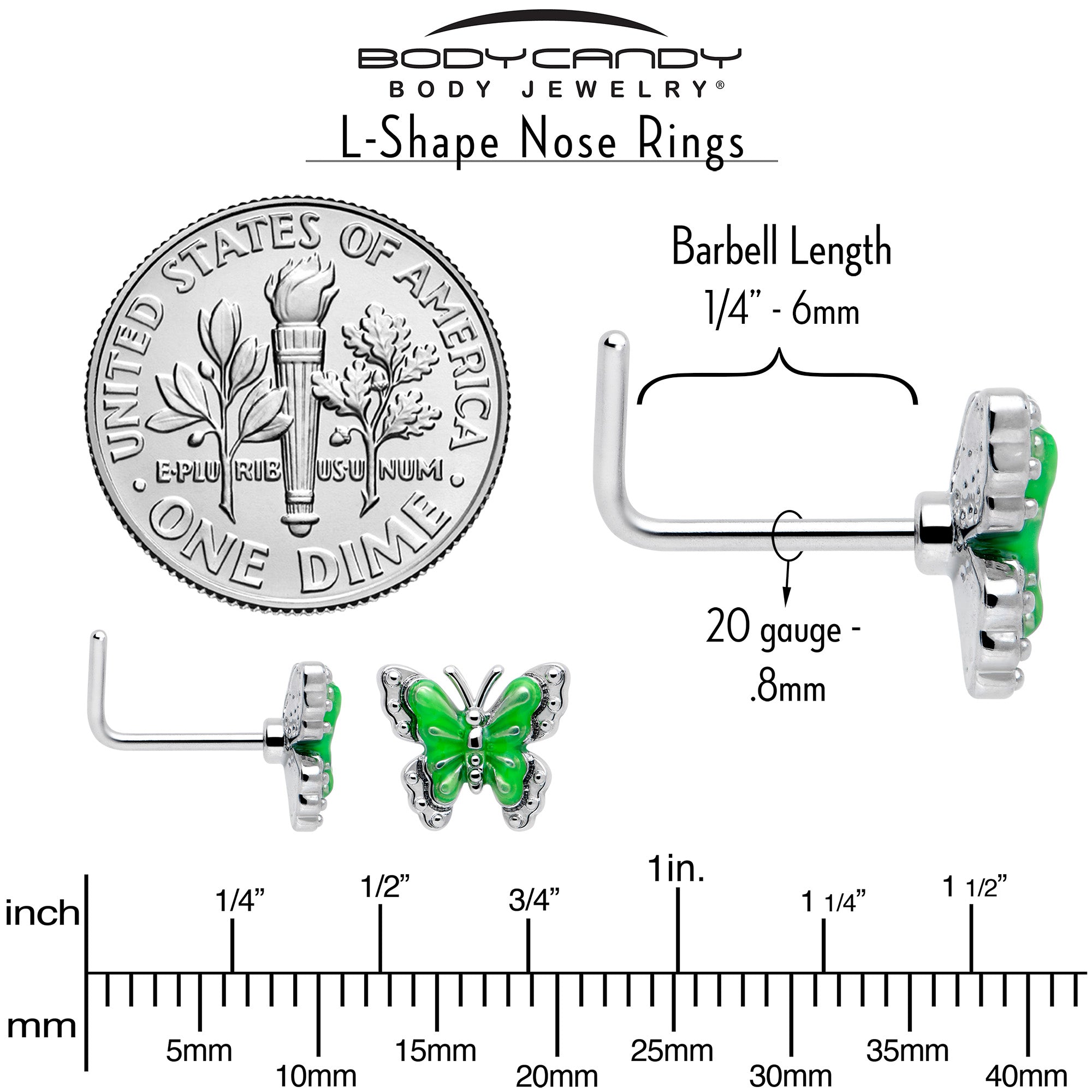 Green Splash Butterfly L Shape Nose Ring 20 Gauge 7mm