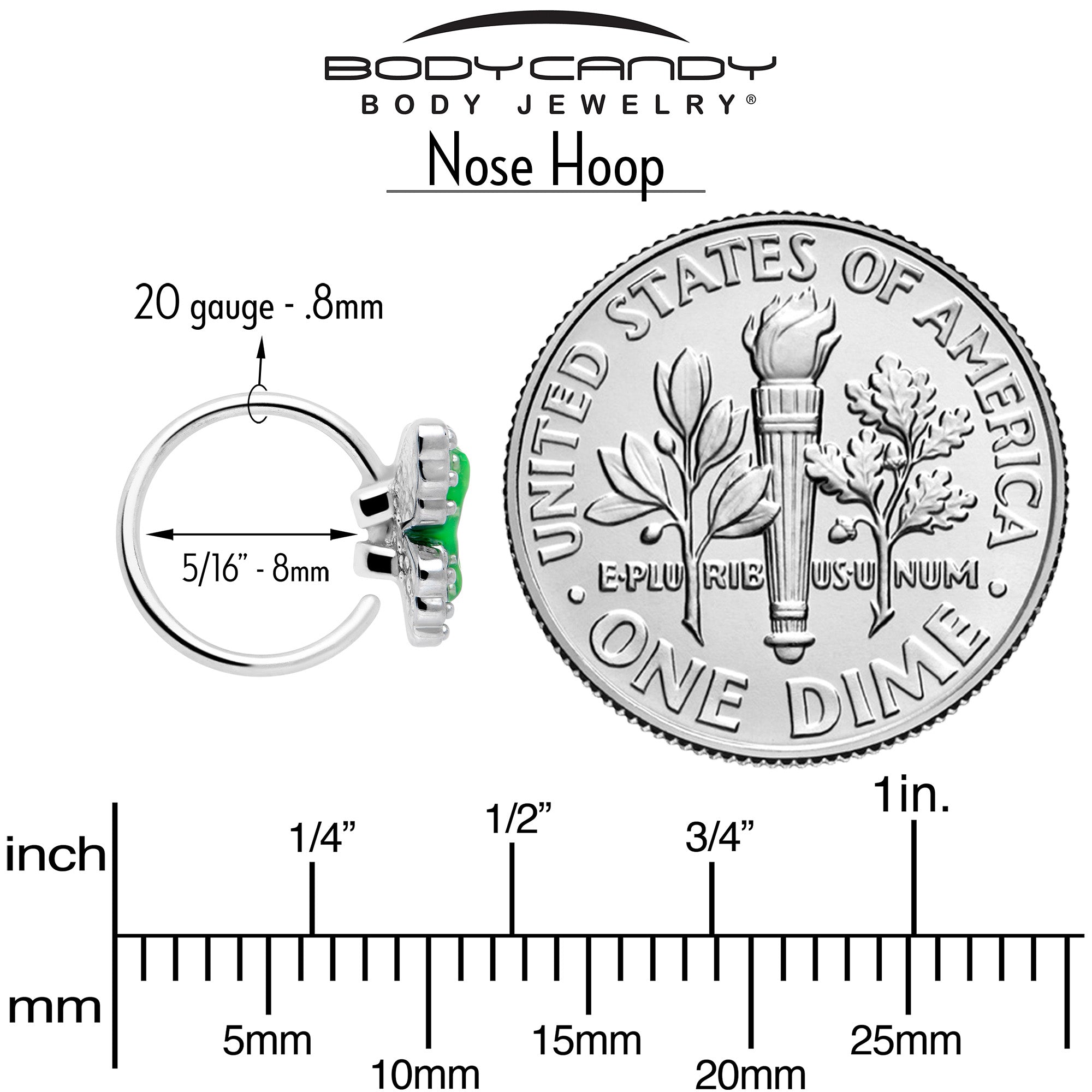 Green Splash Butterfly Nose Hoop 20 Gauge 5/16