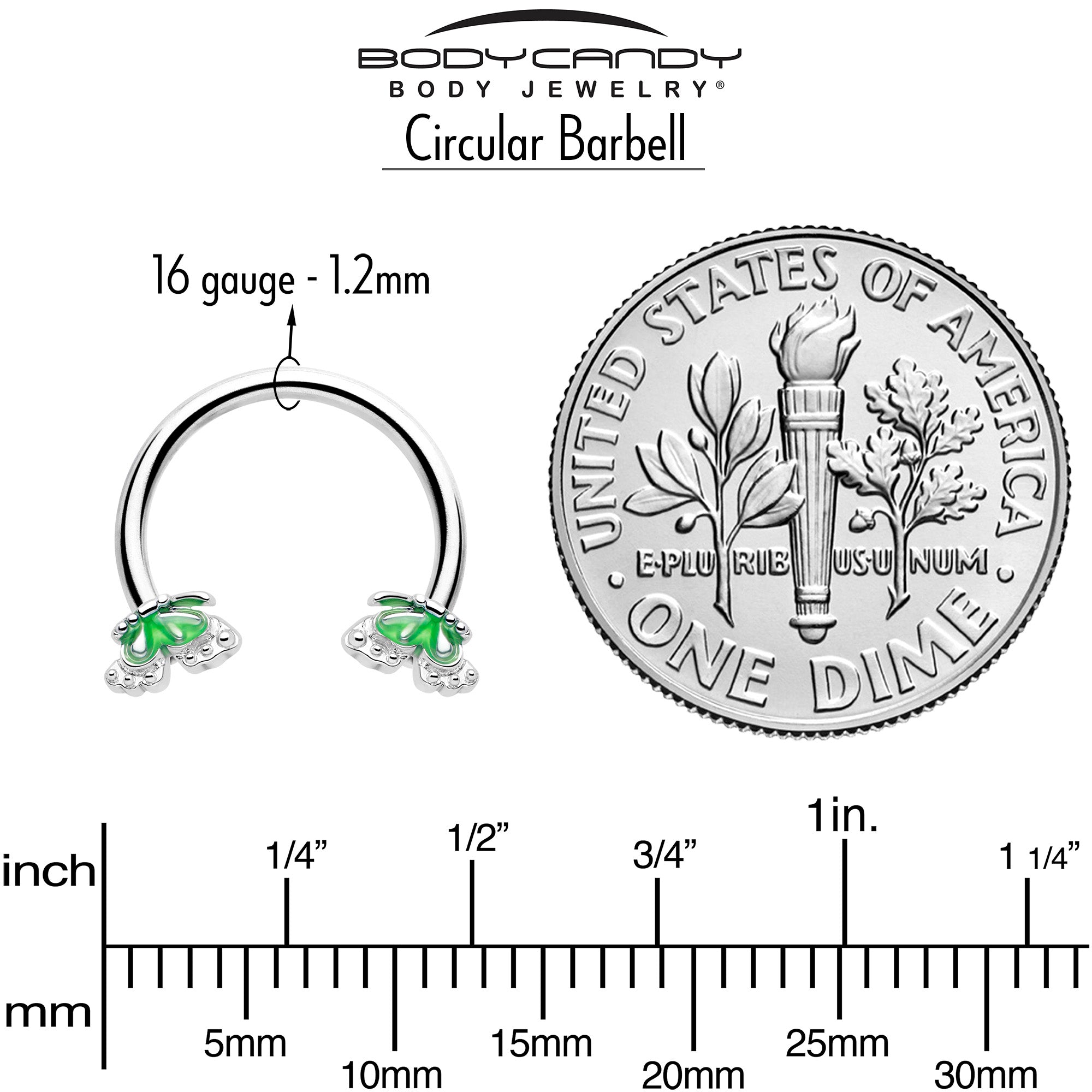 Green Splash Butterfly Horseshoe Circular Barbell 16 Gauge