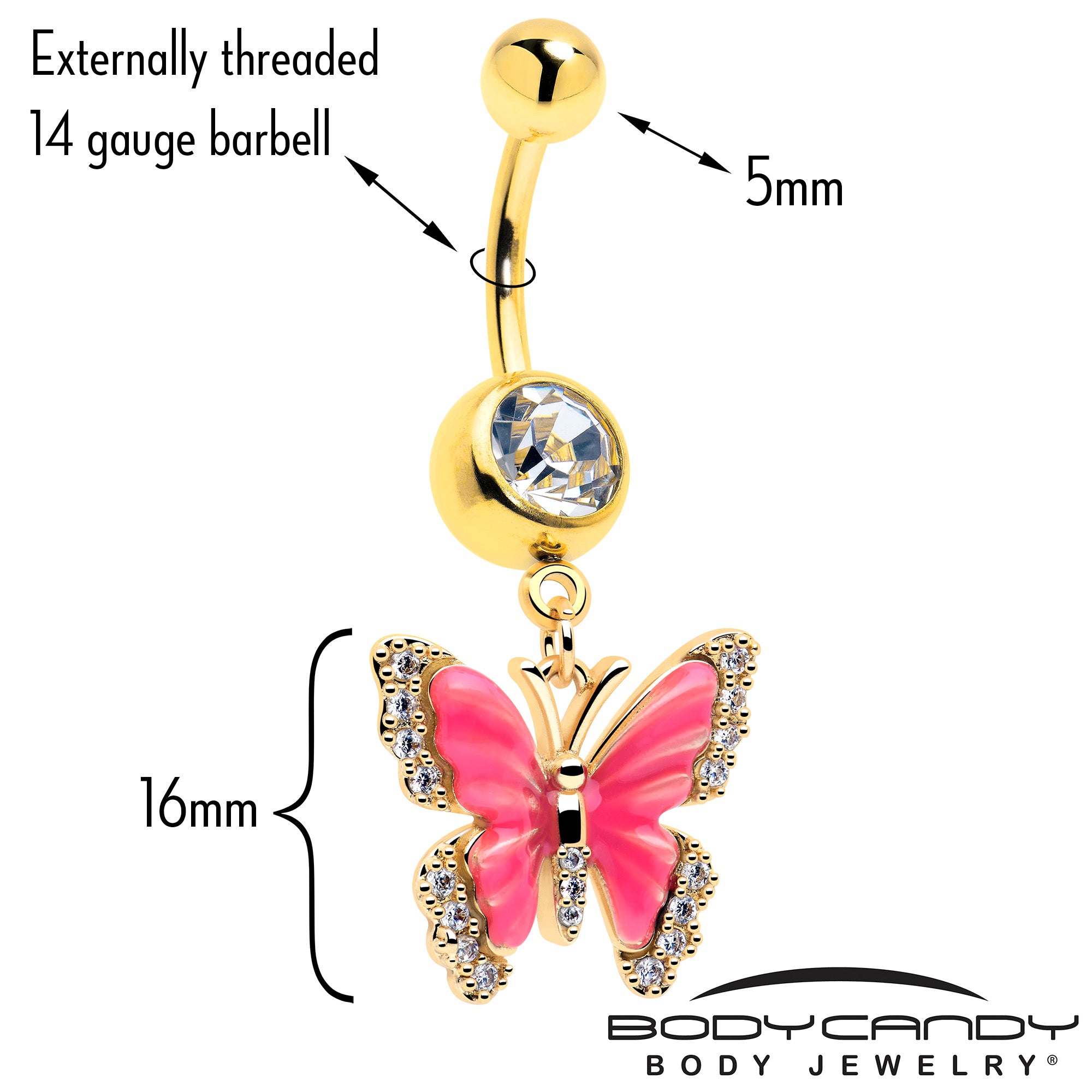 gold tone butterfly belly button ring with clear cz