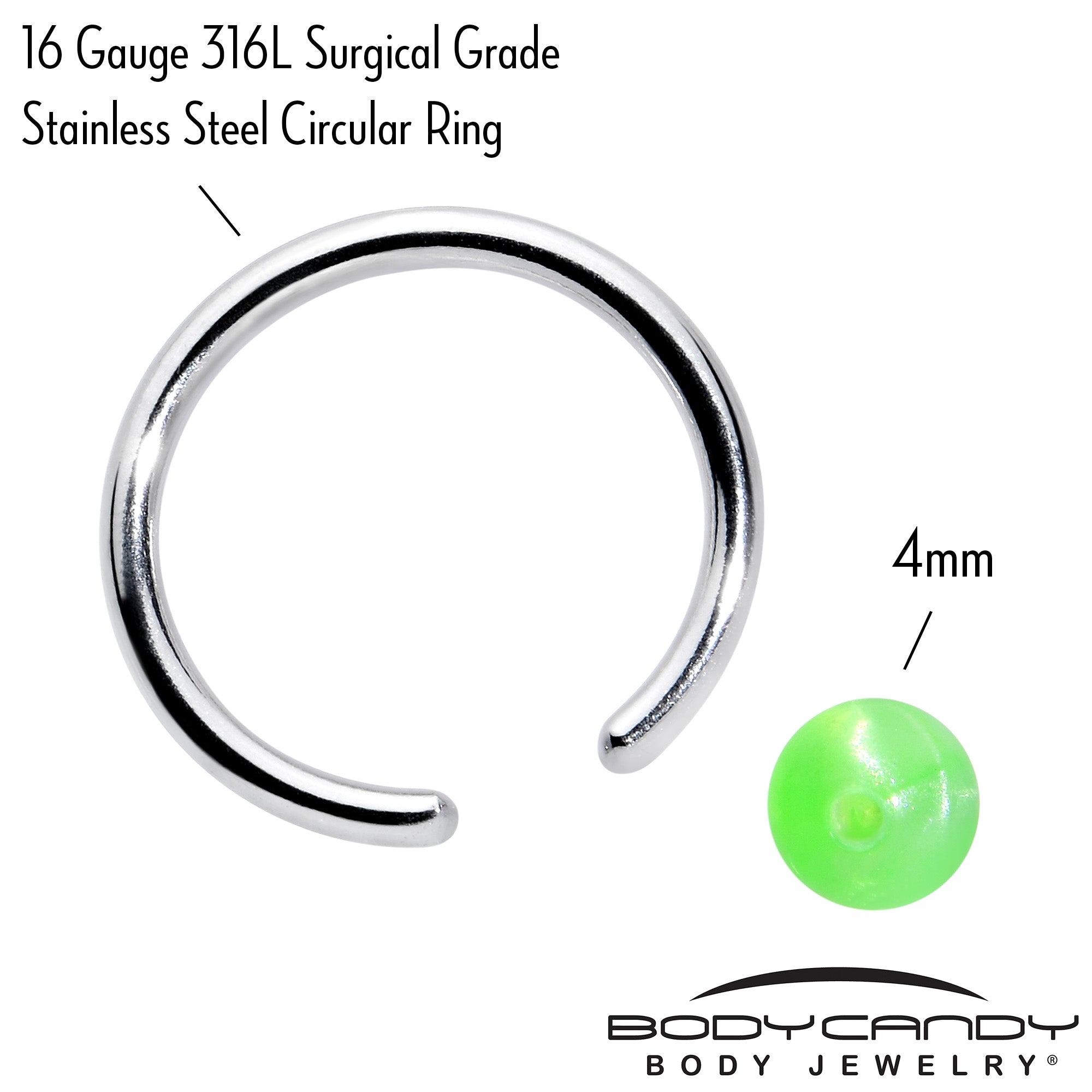 16G 3/8 Simple Opaque Bright Green Ball BCR Captive Bead Ring
