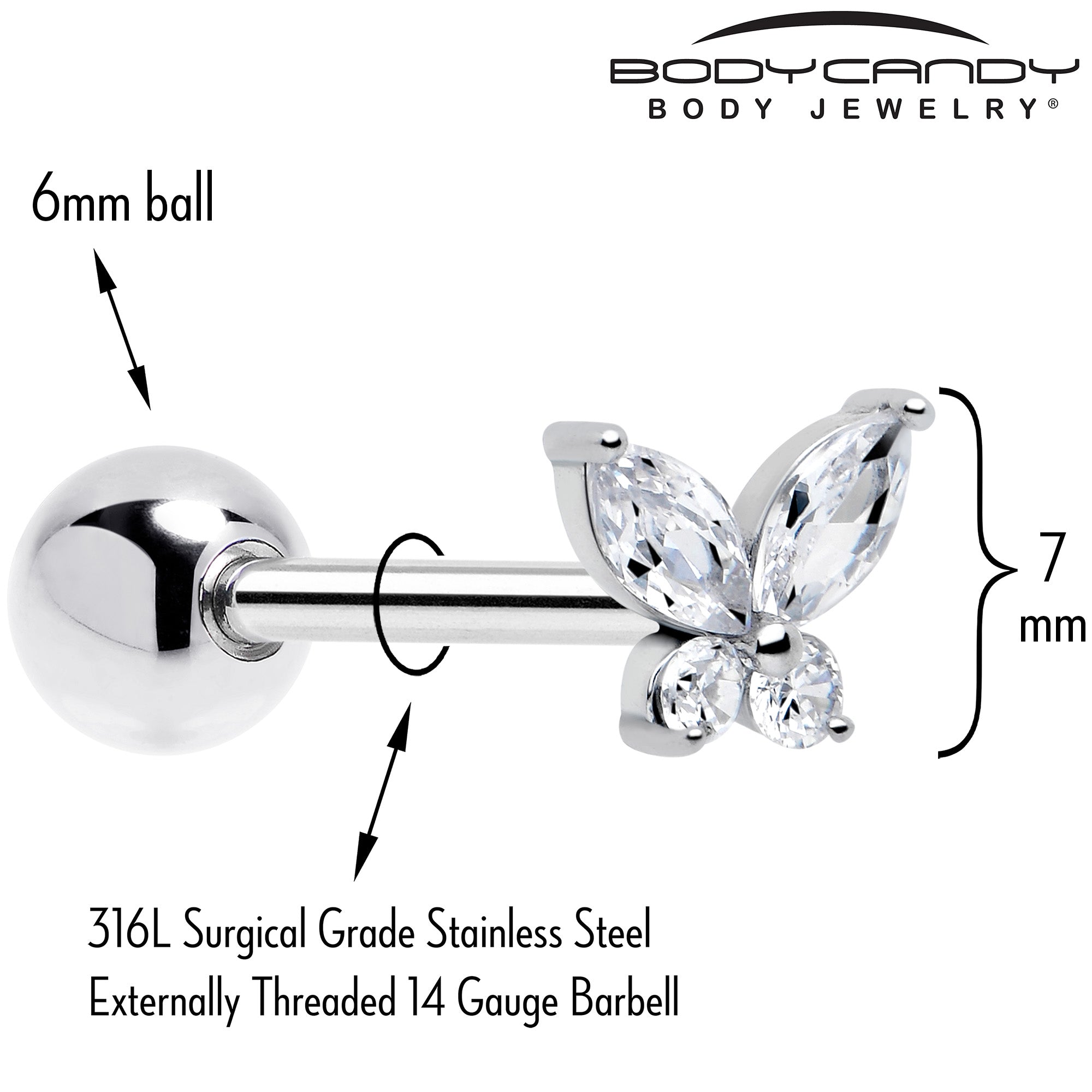 CZ gem butterfly barbell piercing jewelry
