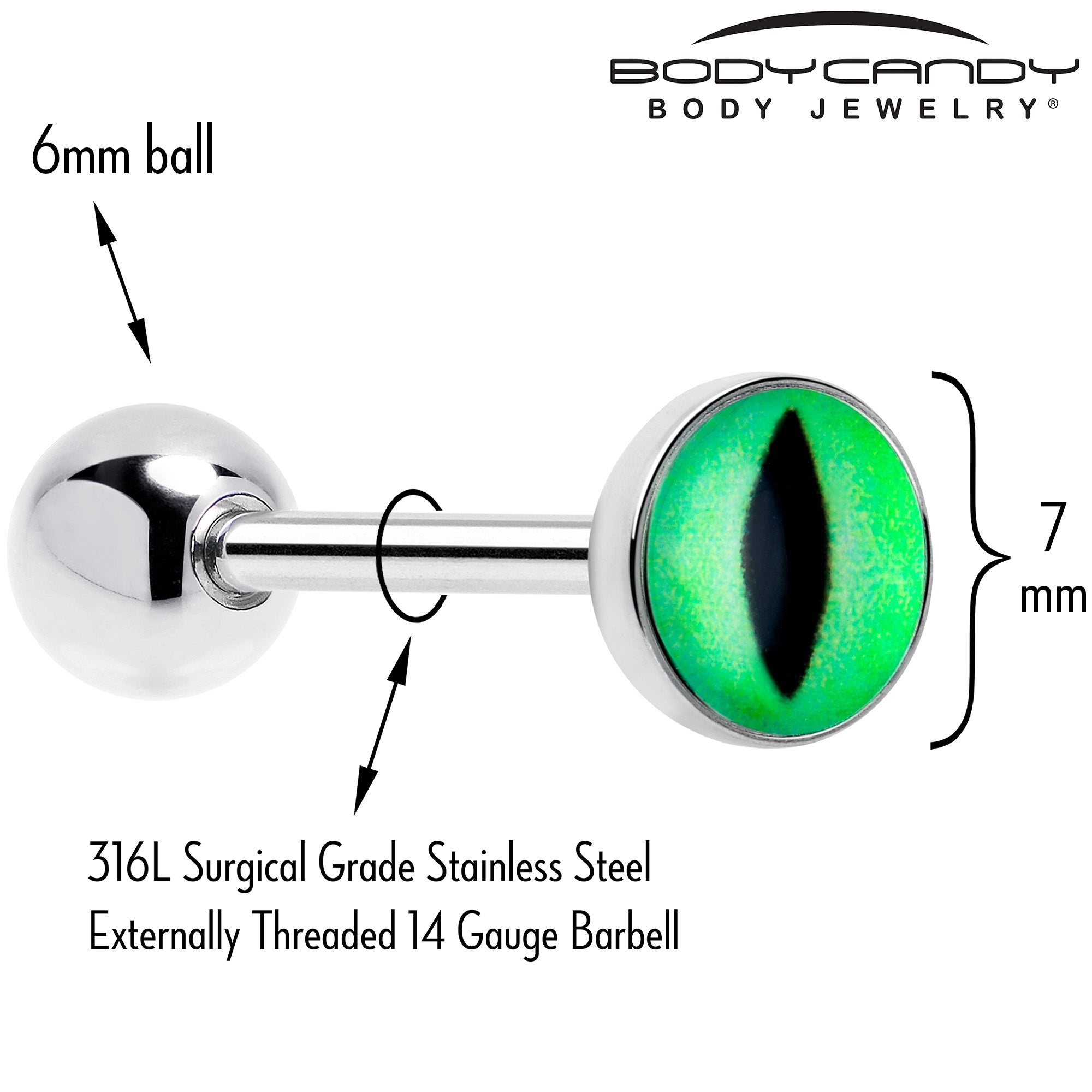 UV reactive barbell tongue jewelry with green eye