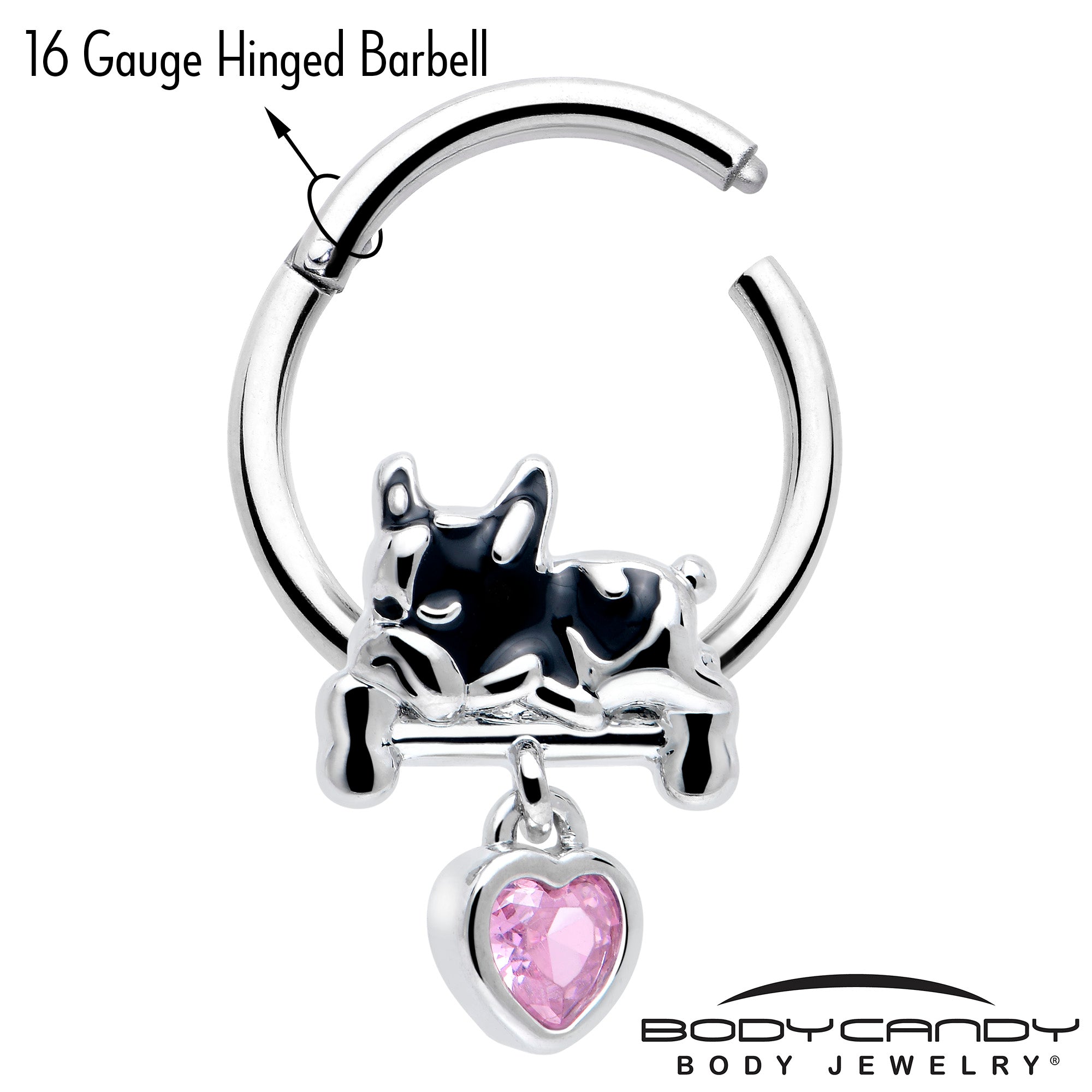 16 Gauge 3/8 French Bulldog Dangle Ring with Pink CZ Gem Hinged Segment