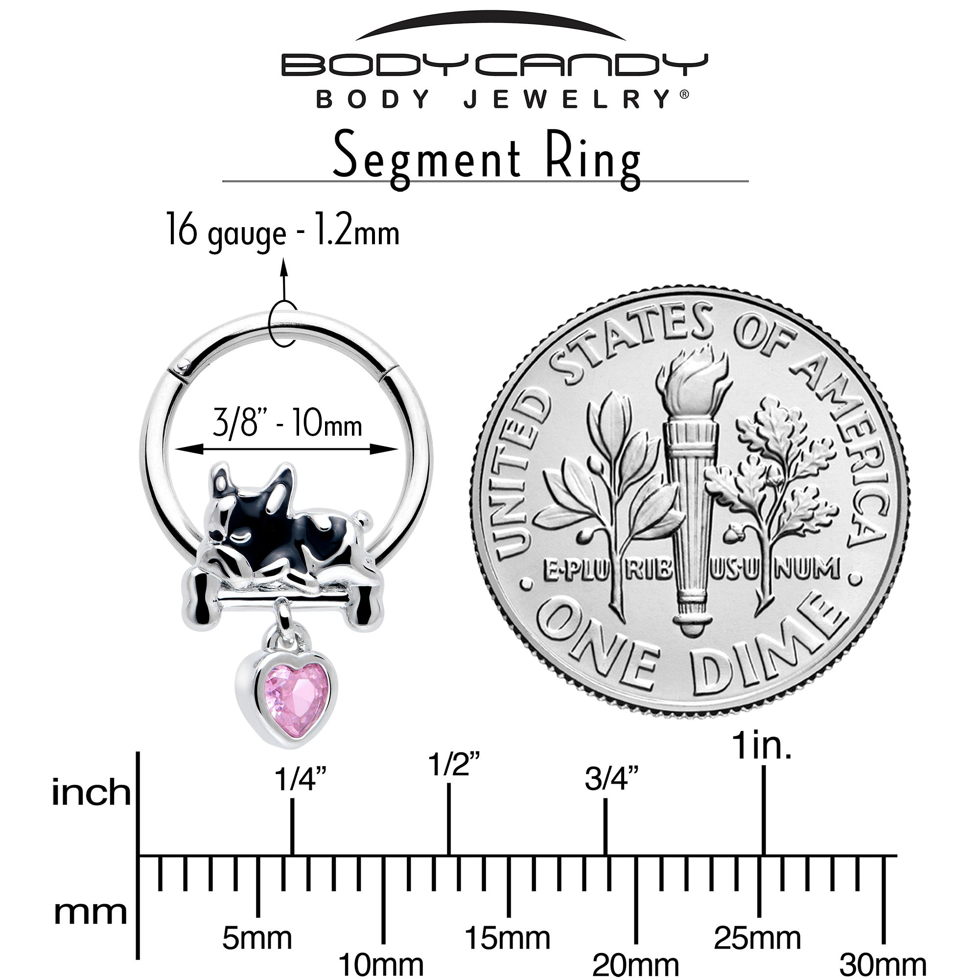 Sleepy French Bulldog Dangle Hinged Segment Ring with Pink CZ Gem 16 Gauge 3/8