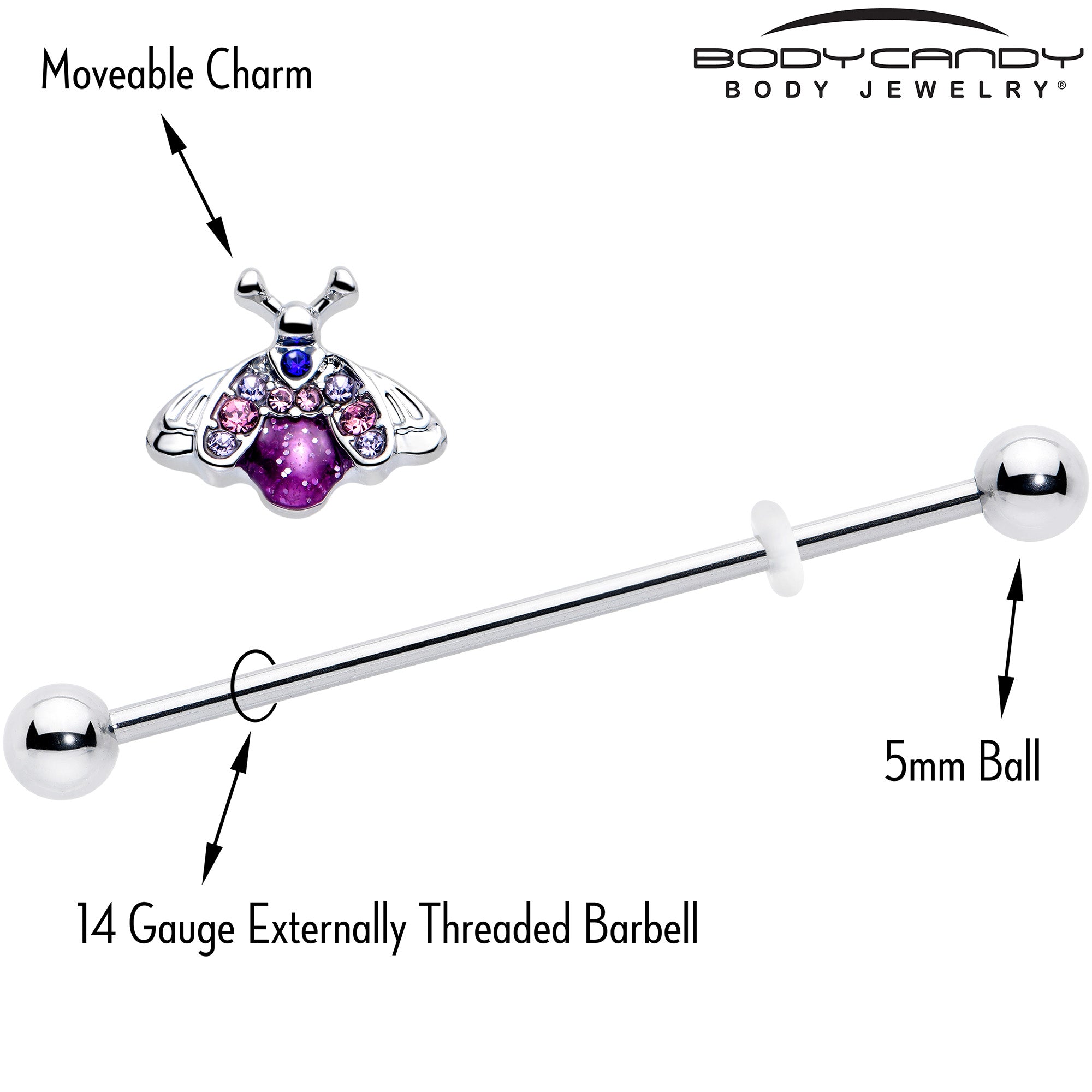 38mm Pink Blue Gem Insect Industrial Barbell 14 Gauge
