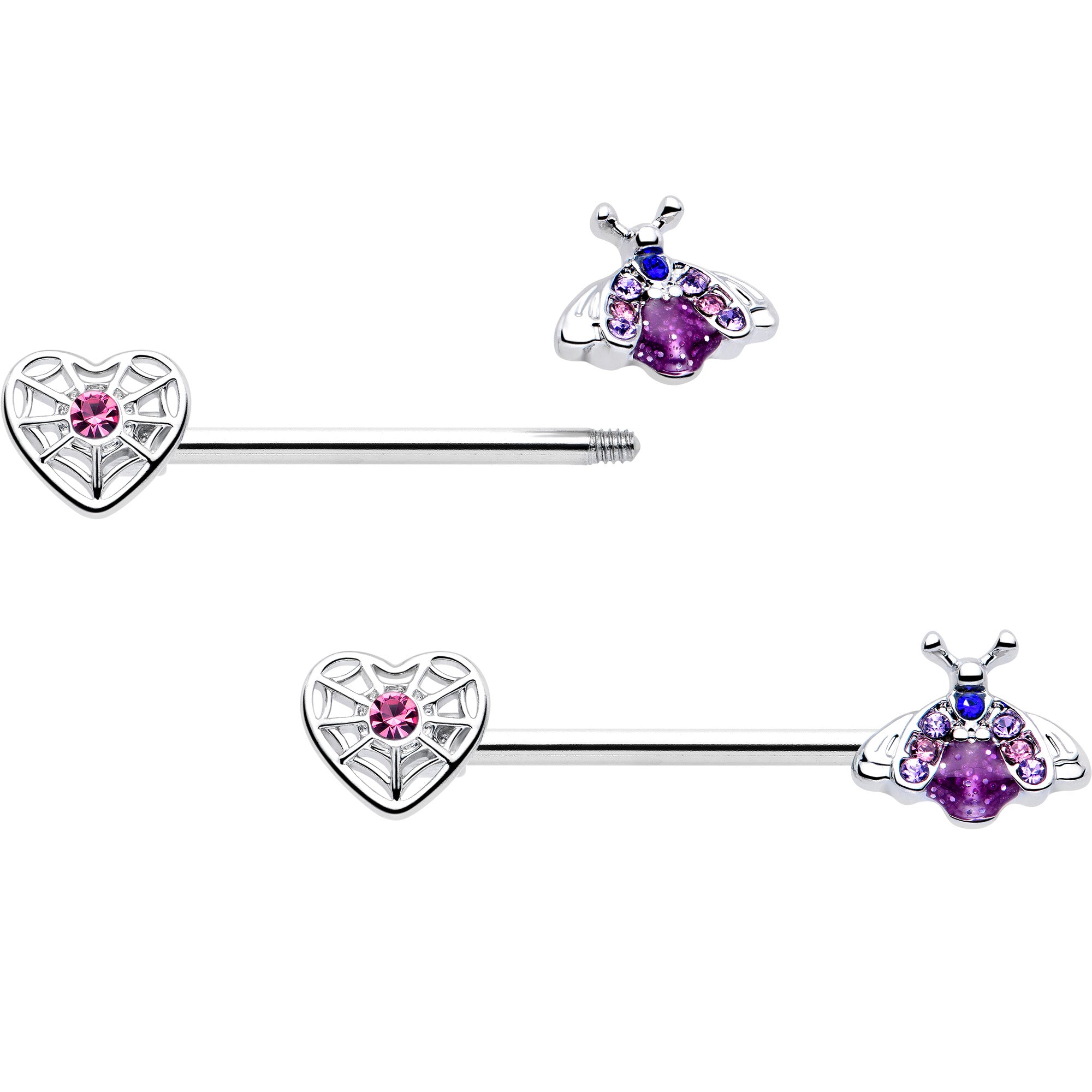 Pink Blue Gem Spiderweb Heart Insect Barbell Nipple Ring Set 14 Gauge