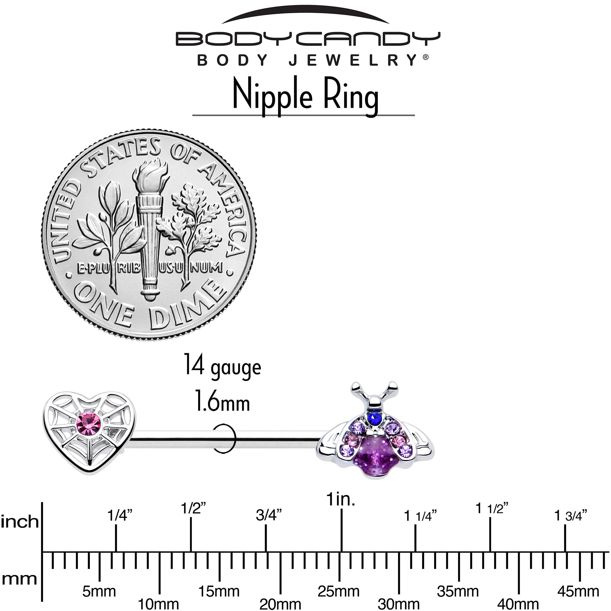 Pink Blue Gem 14 Gauge Spiderweb Heart Insect Nipple Barbell Rings
