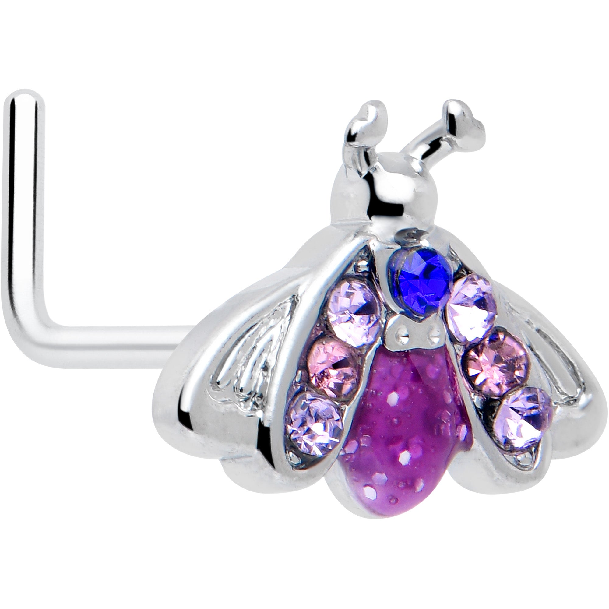 20 Gauge 7mm Pink Blue Gem Insect L Shape Nose Ring