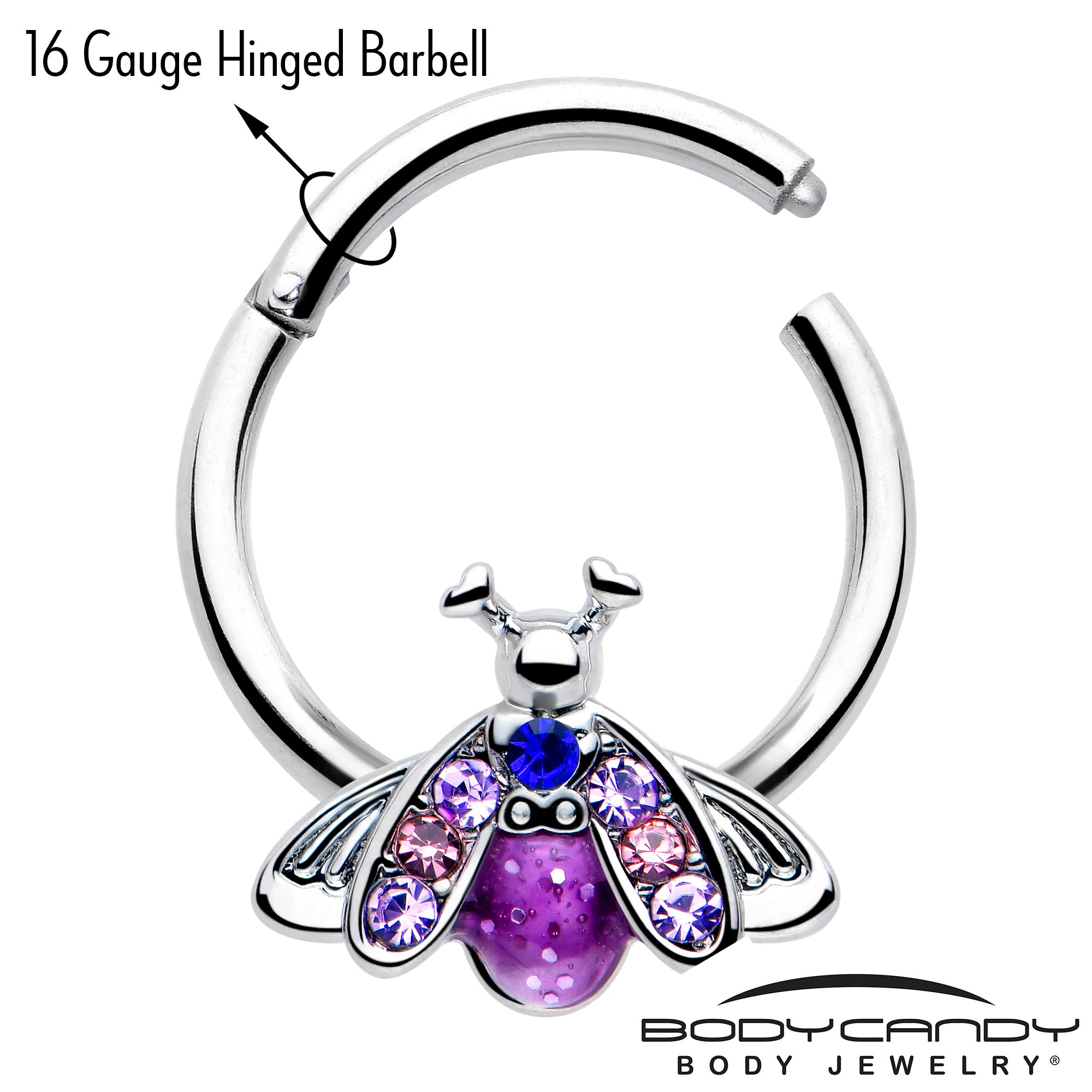 16 Gauge 3/8 Hinged Segment Ring Pink Blue Gem Insect