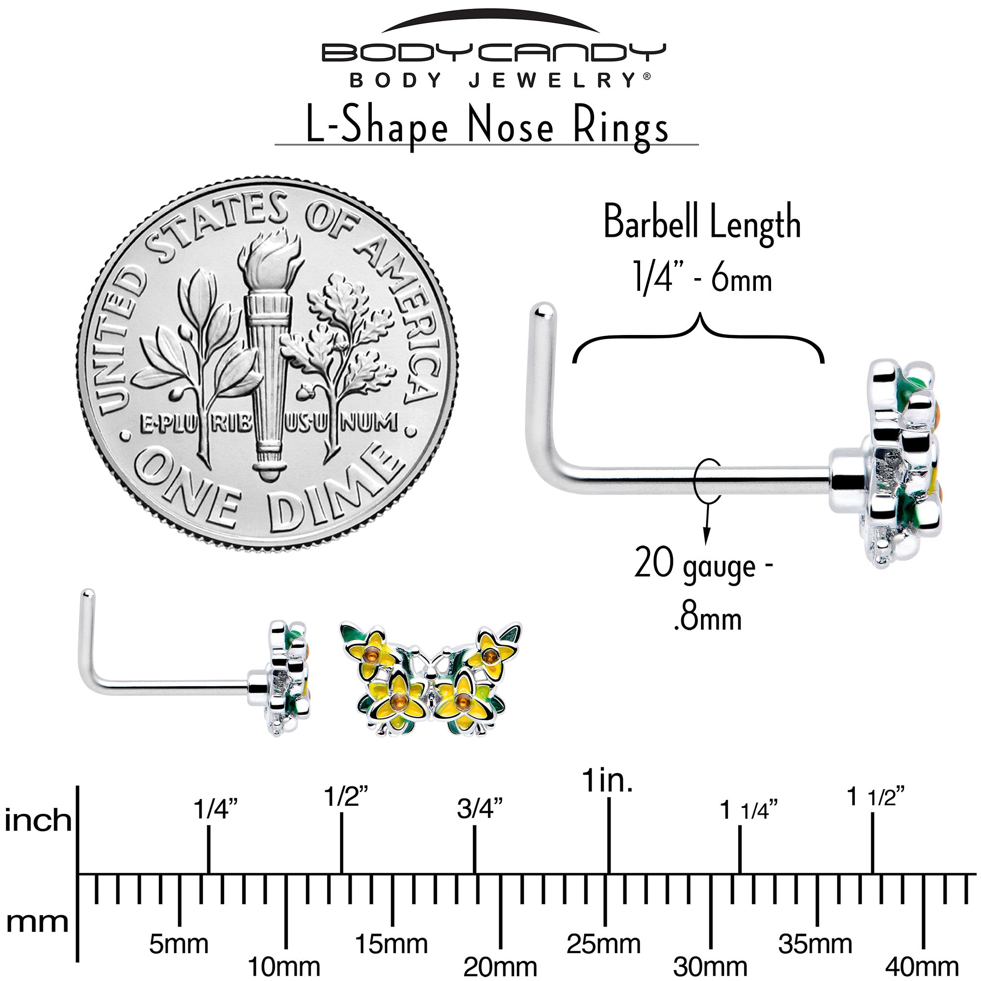 7mm Yellow CZ Gem Blooming Butterfly Nose Ring 20 Gauge