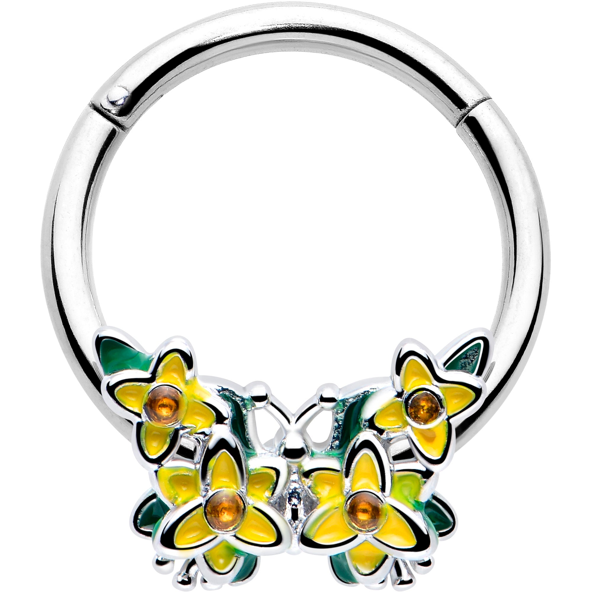 16 Gauge 3/8 Yellow CZ Gem Blooming Butterfly Hinged Segment Ring