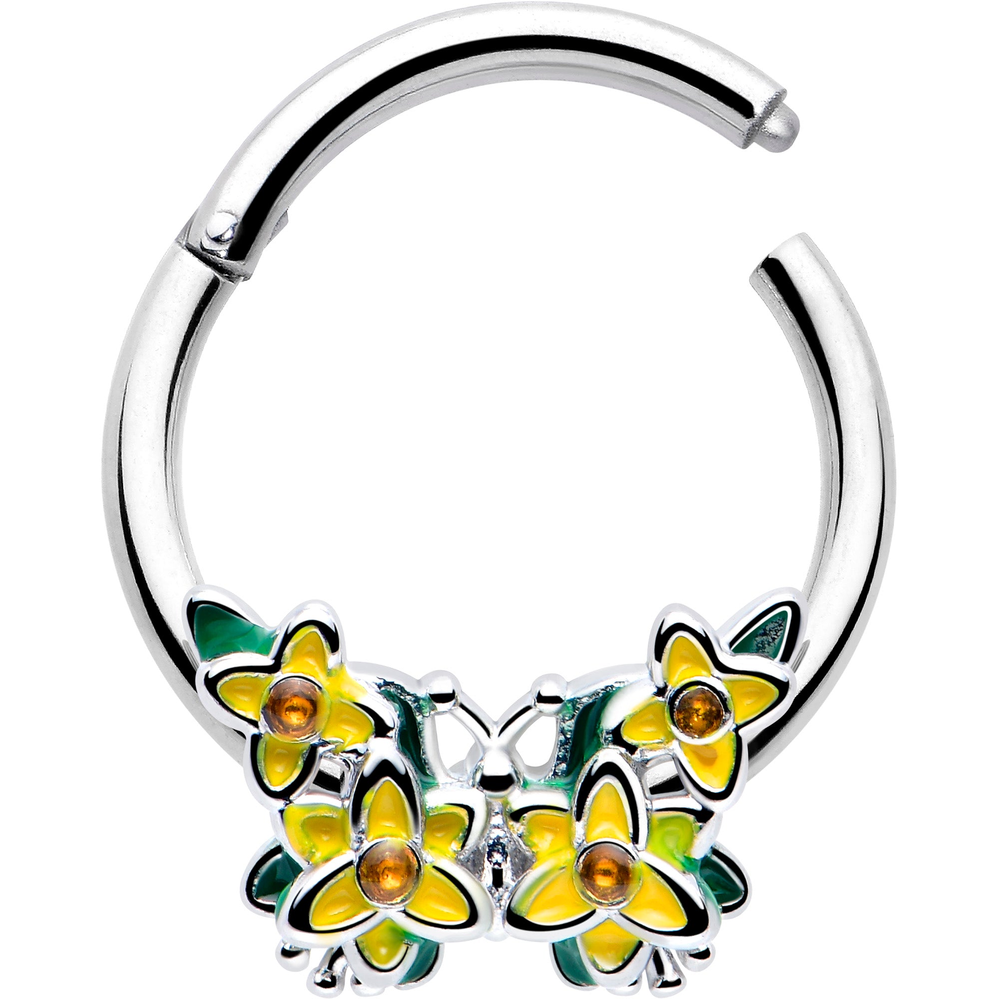 Yellow CZ Gem Blooming Butterfly Hinged Segment Ring 16 Gauge 3/8