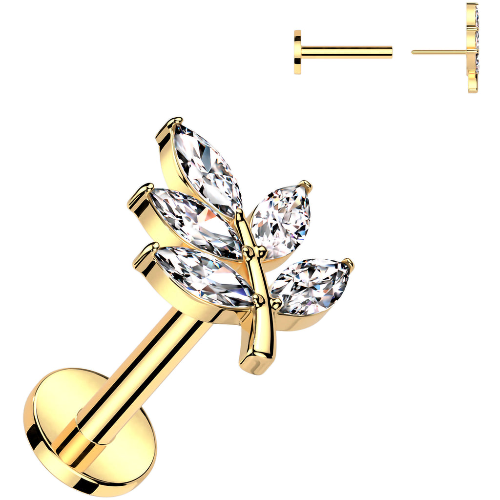 Gold tone flatback earring with cubic zirconia leaves