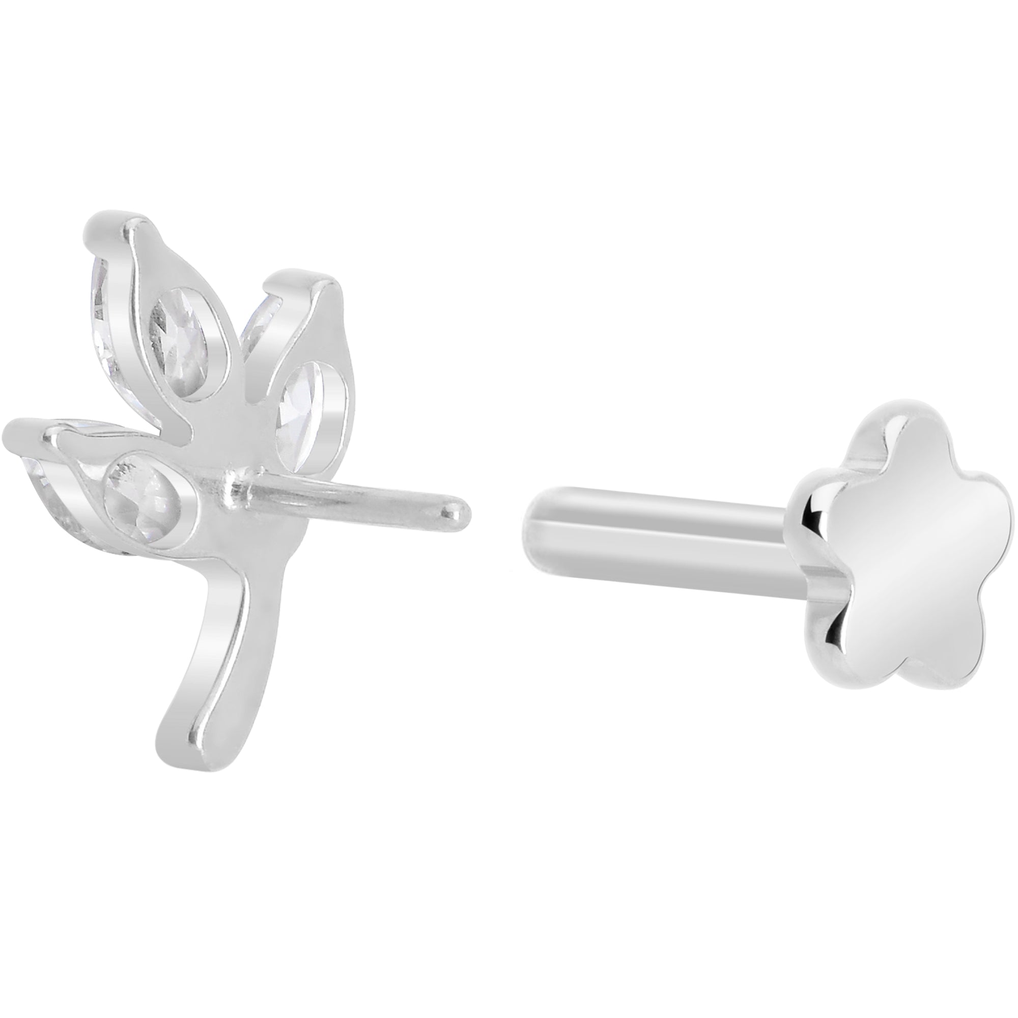 16G 1/4 CZ Gem Leaves Medical Grade Titanium Reversible Flat Back Earring