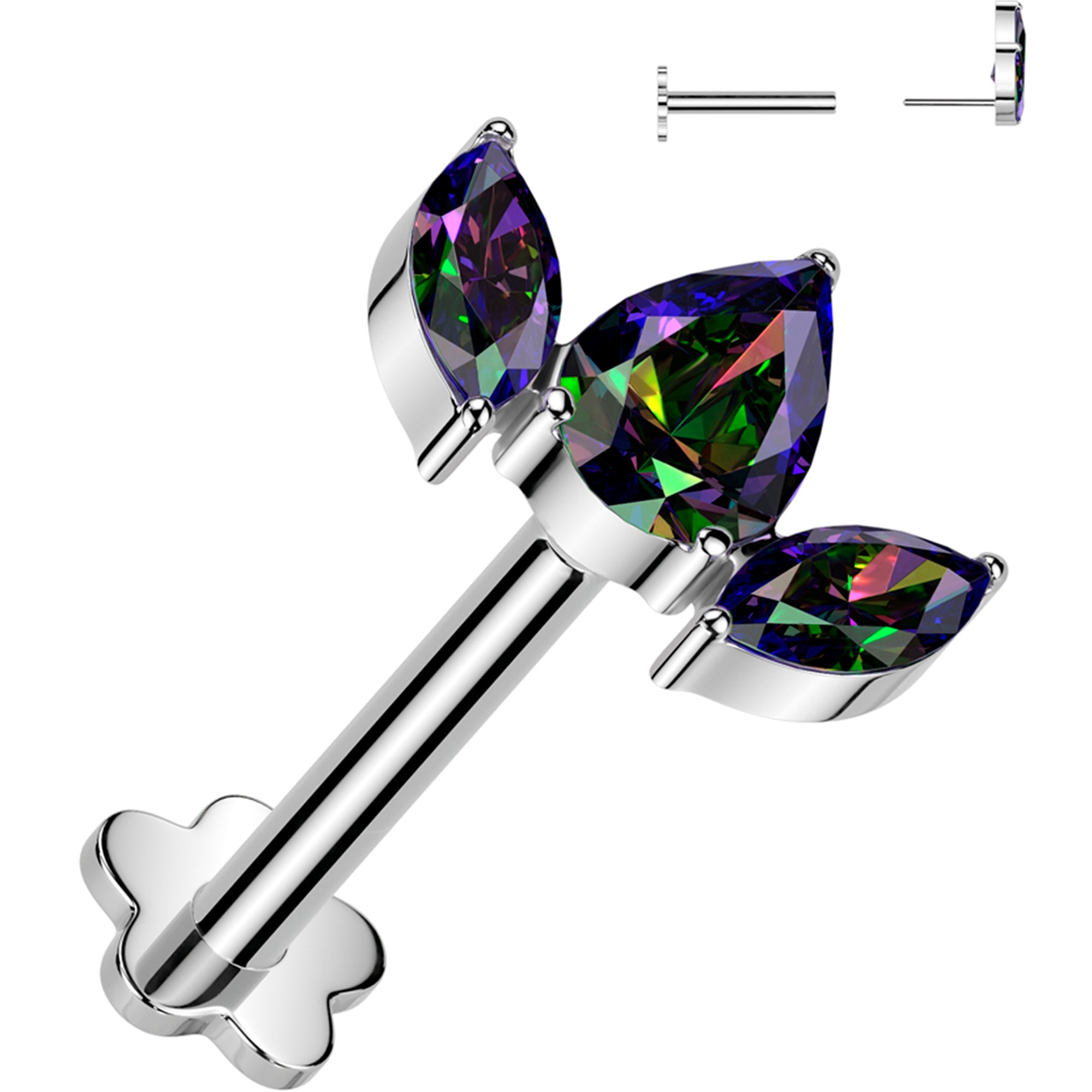 16G 5/16 Vitrail CZ Gem Oval Trio Medical Grade Titanium Reversible Flat Back Earring