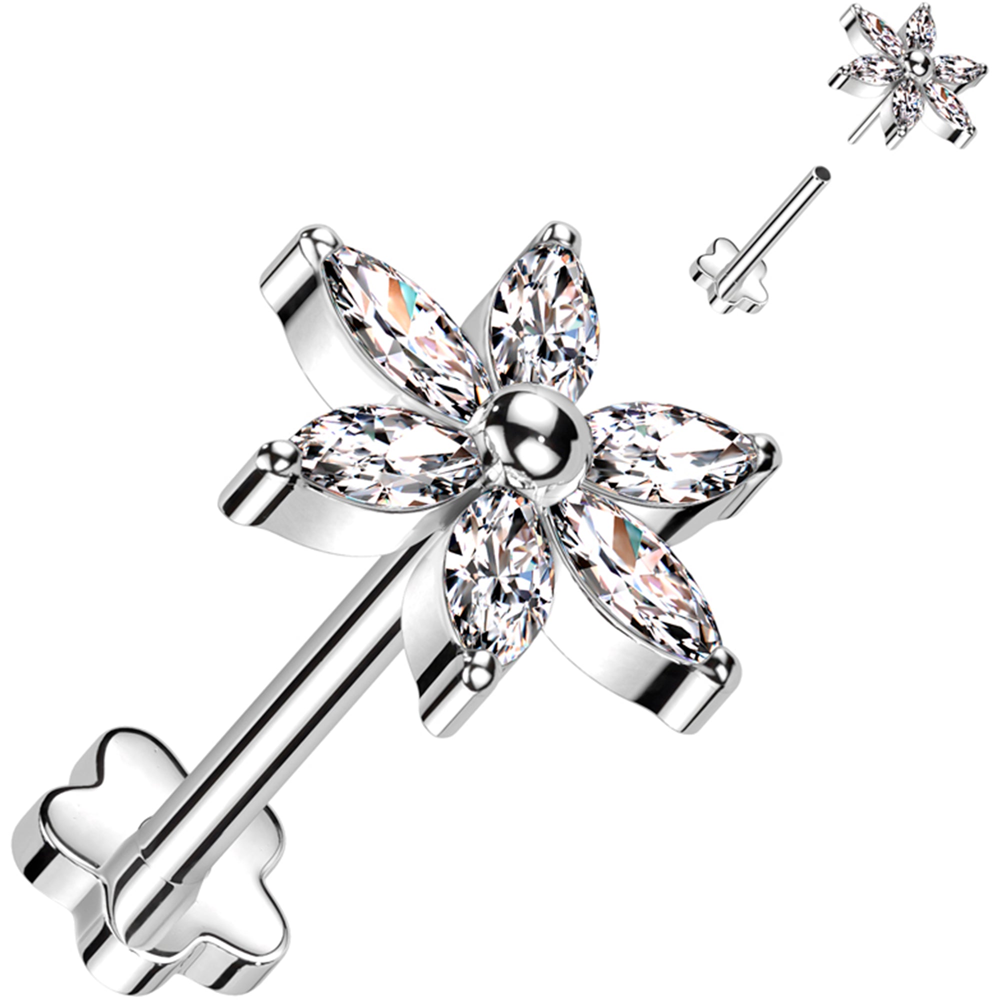 18G 5/16 Clear CZ Gem Style Flower Medical Grade Titanium Reversible Flat Back Earring