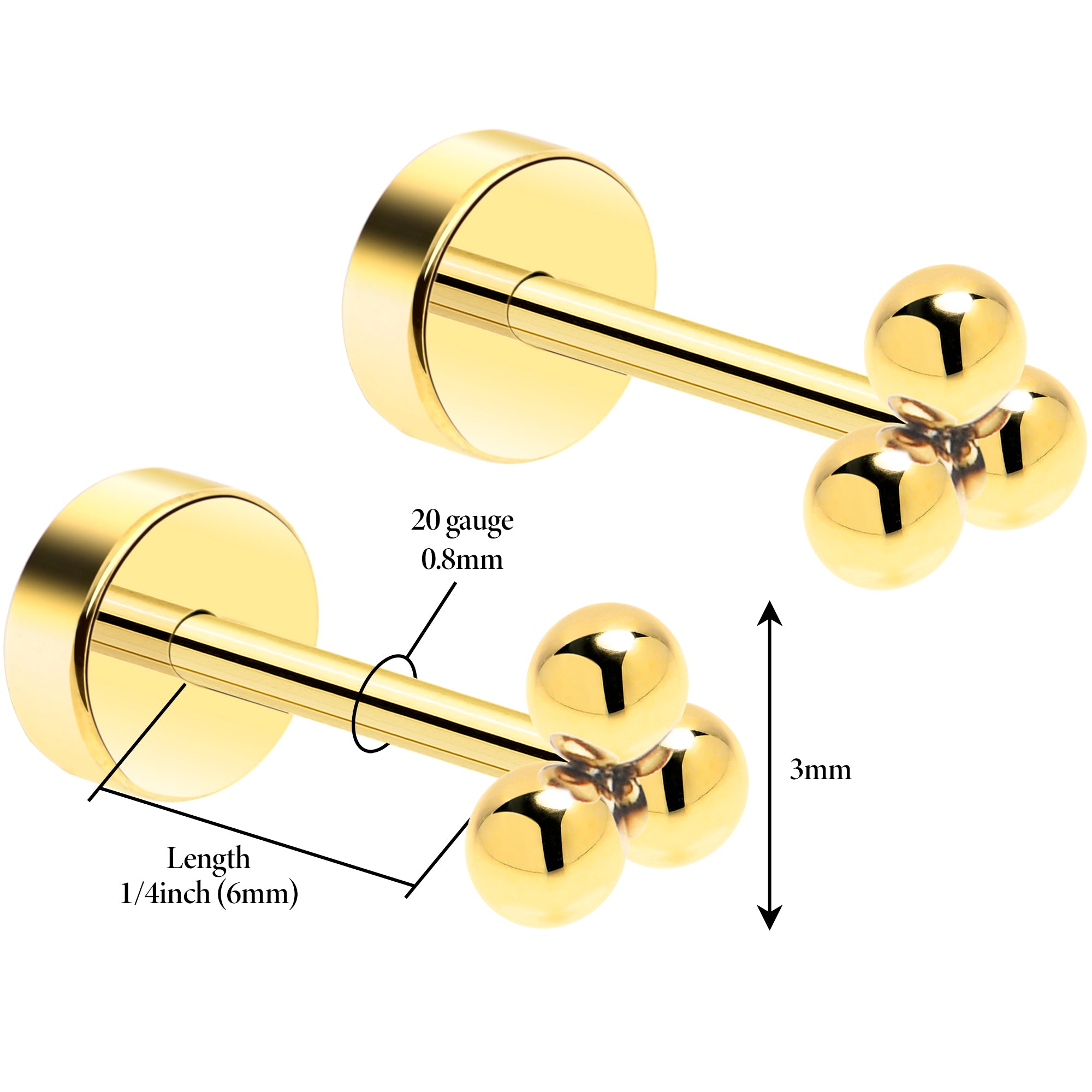 14k Yellow Gold Plated 3mm Trinity Ball Flat Back Stud Earrings - 1 Pair