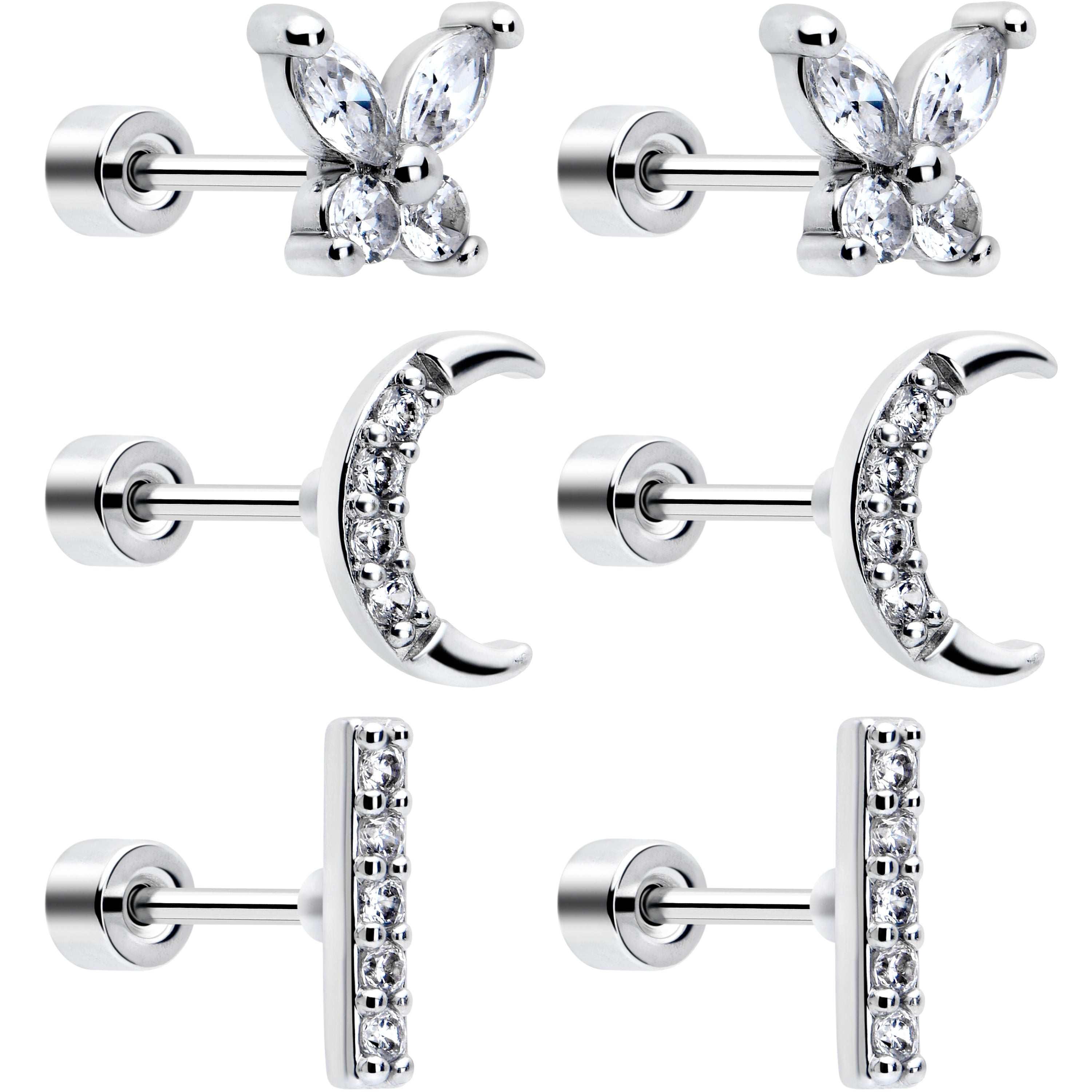 CZ Celetial Butterfly Flat Back Stud Earrings - 3 Pairs