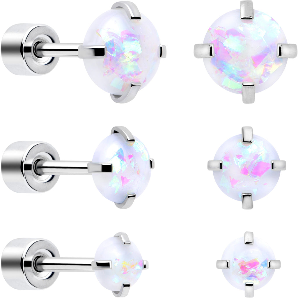 White Synthetic Opal Flat Back Stud Earrings 3 Pairs