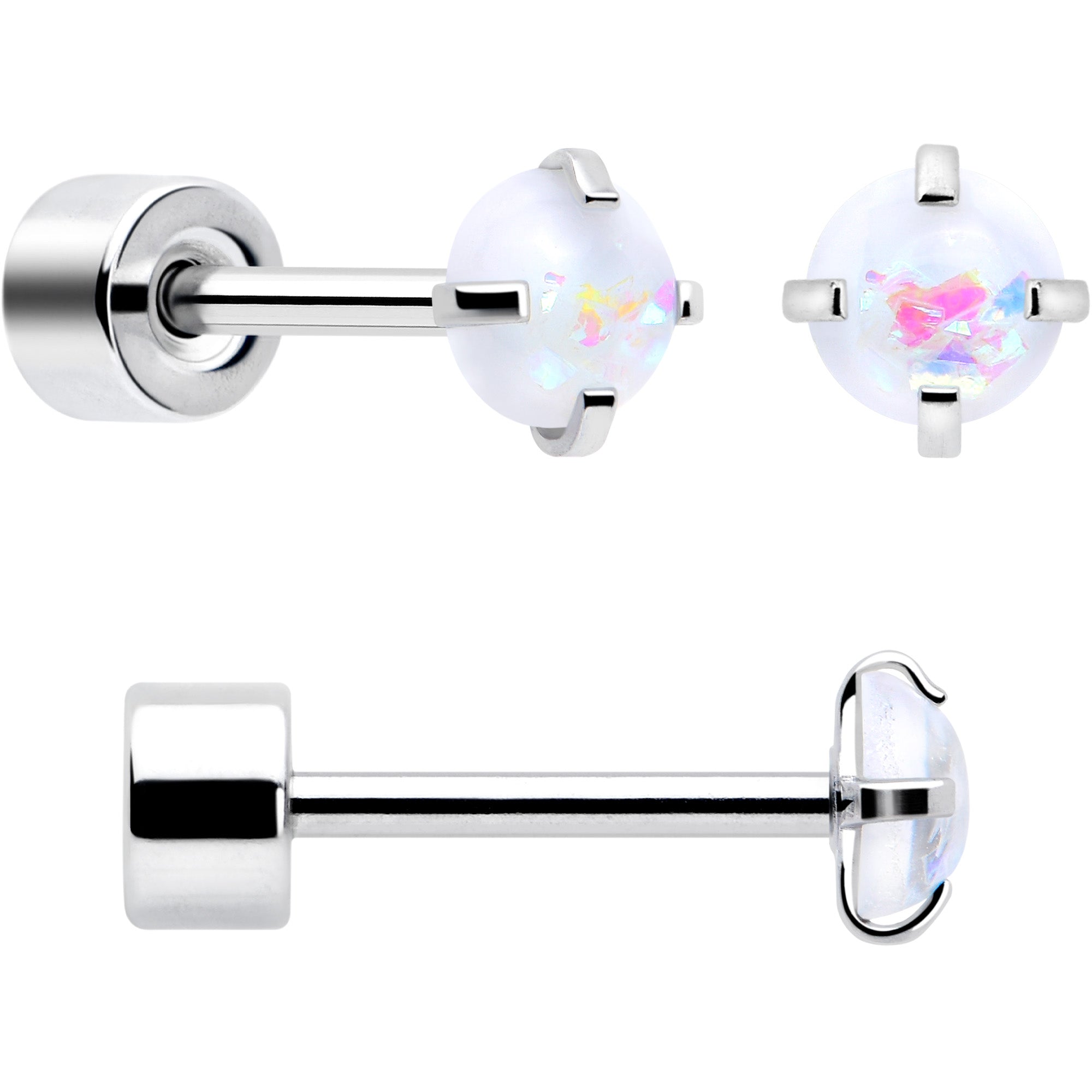 3 Pairs Flat Back White Synthetic Opal Studs