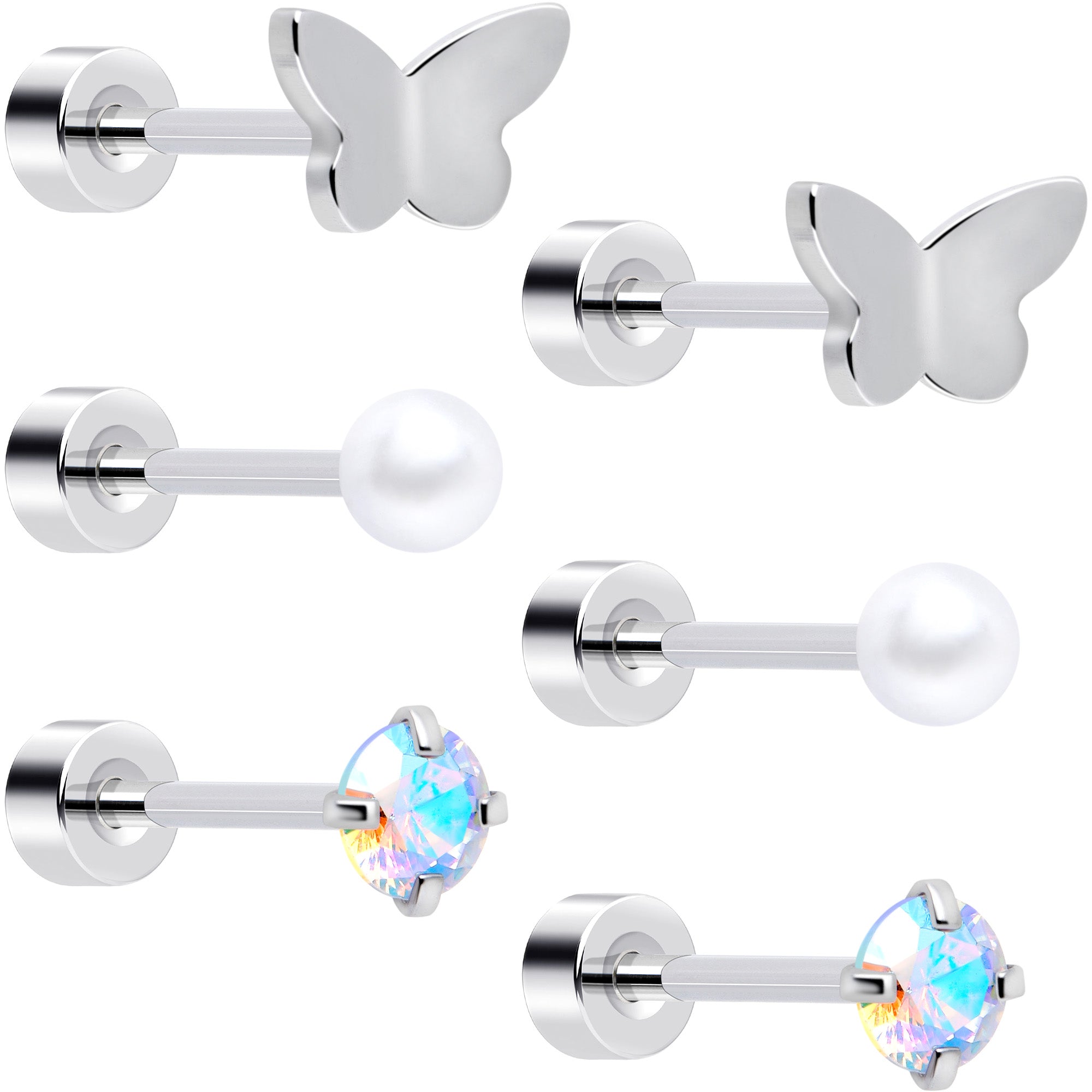 20 Gauge Aurora Gem White Orb Butterfly Flatback Earring Set