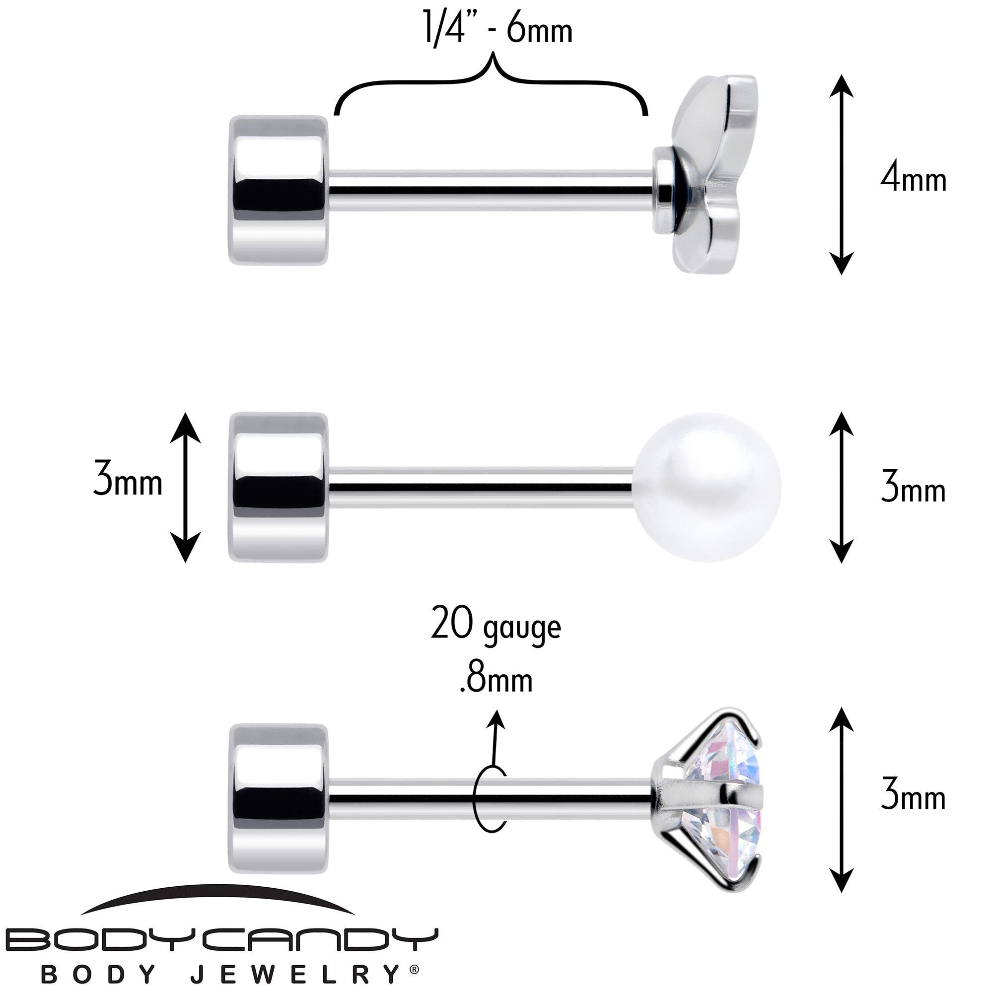 Aurora Gem White Orb Butterfly 20 Gauge Set of 6 Flatback Earrings