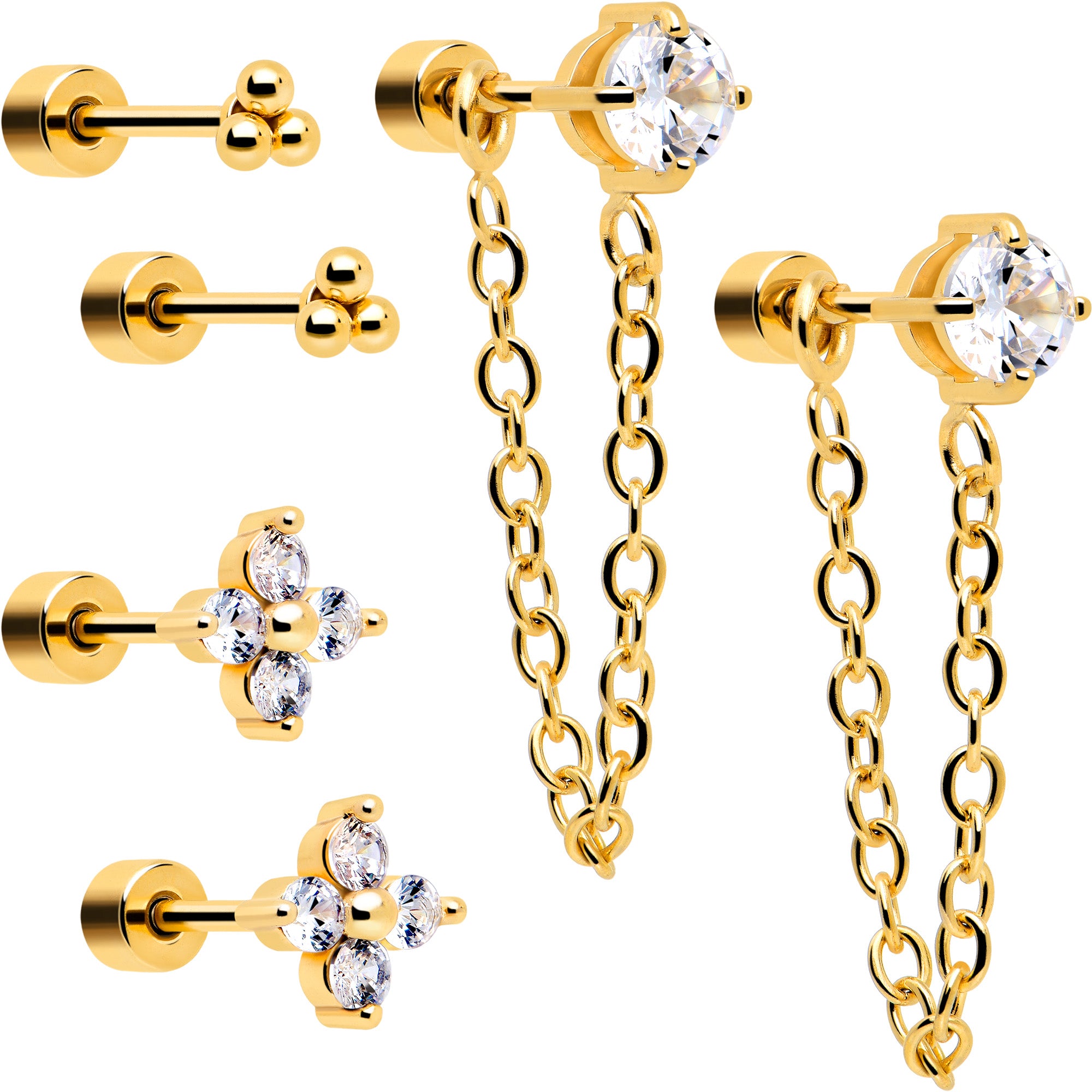 20 Gauge Clear Gem Gold Tone Ball Chain Dangle Flatback Earrings Set