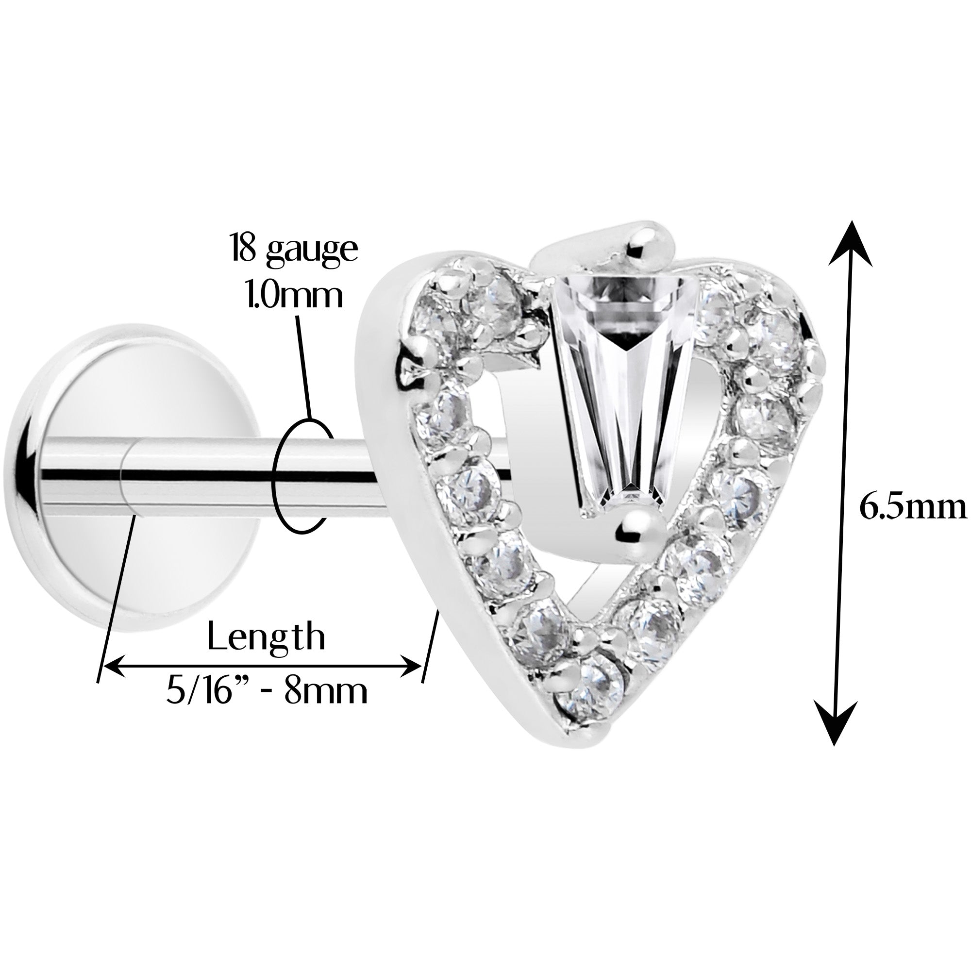 18 Gauge Heart Labret Monroe Tragus with CZ Gem